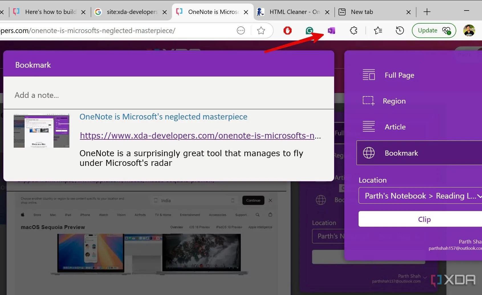 Giao diện OneNote Web Clipper hiển thị tùy chọn cắt một trang web và lưu vào OneNote