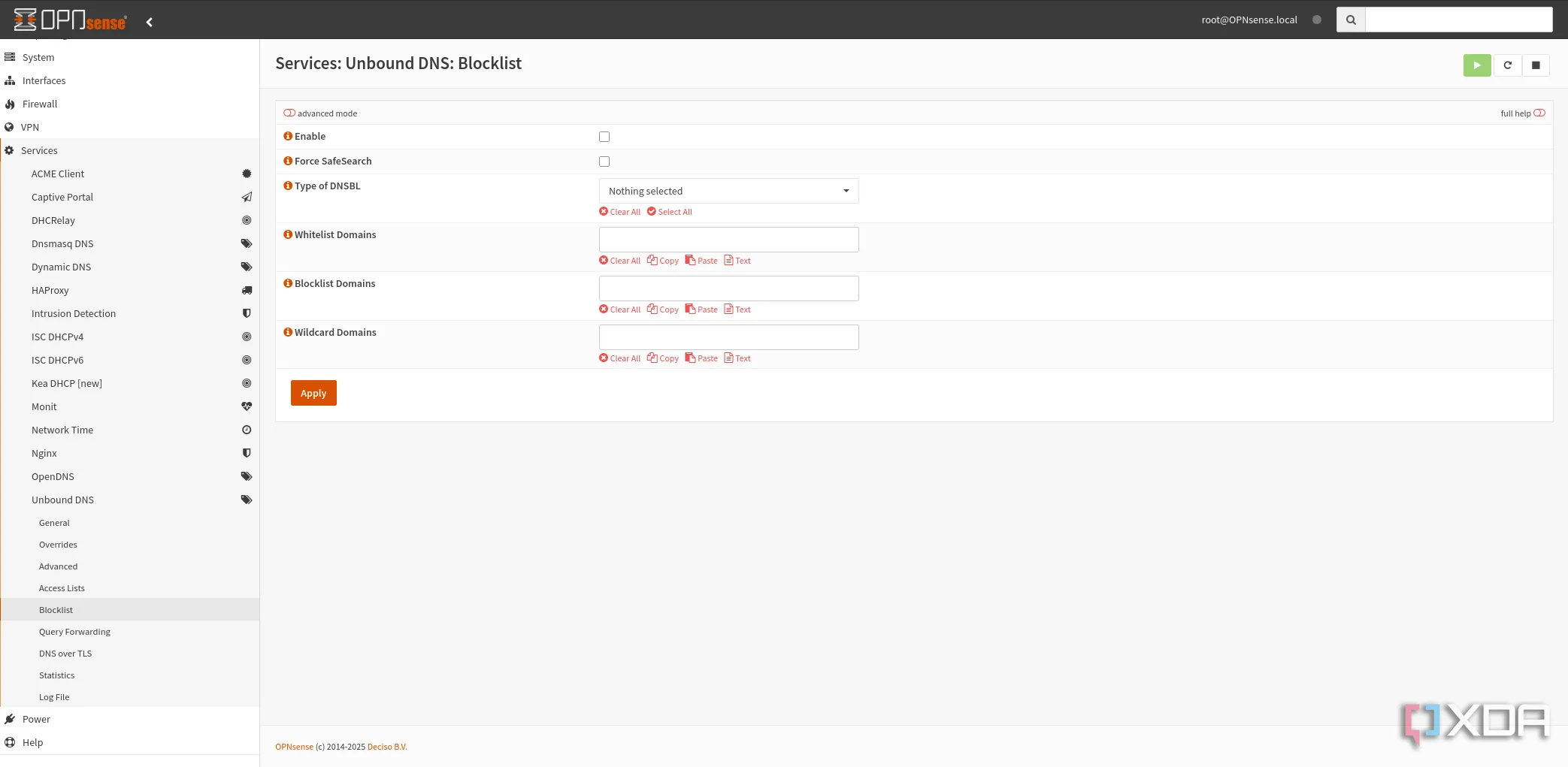 Giao diện OPNsense hiển thị cấu hình blocklist của Unbound DNS, tăng cường quyền riêng tư và bảo mật cho mạng nội bộ.