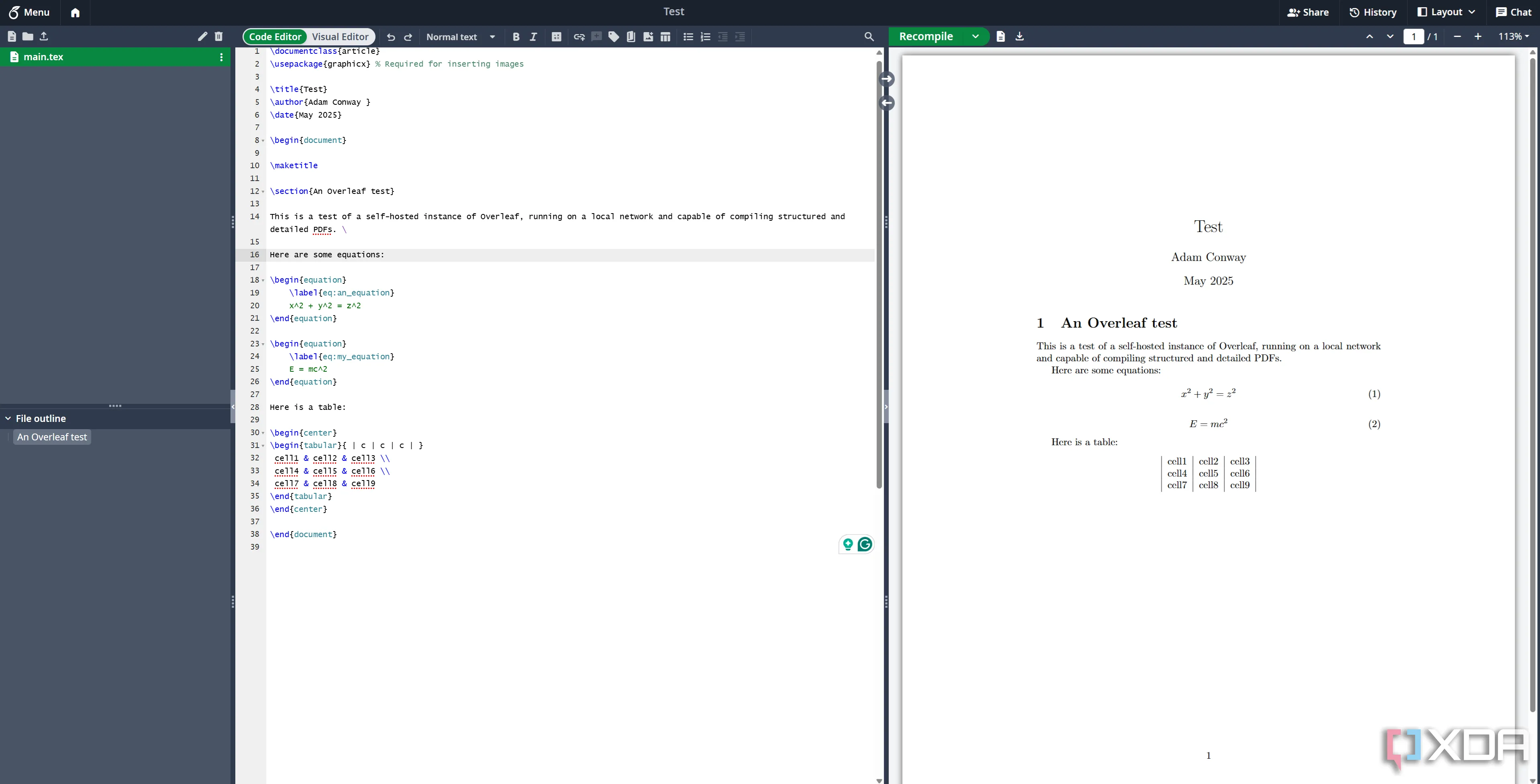 Giao diện Overleaf tự host hiển thị tài liệu mẫu với tính năng tô sáng cú pháp