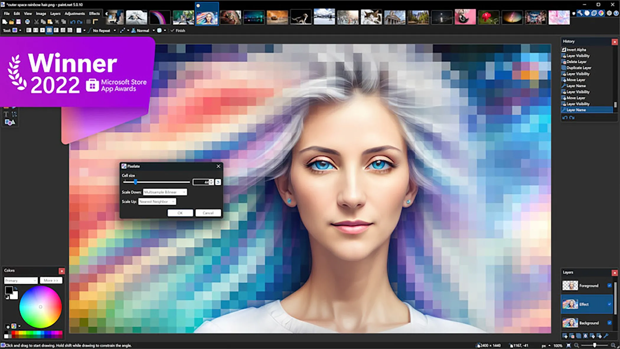 Giao diện Paint.Net với huy hiệu chiến thắng Microsoft