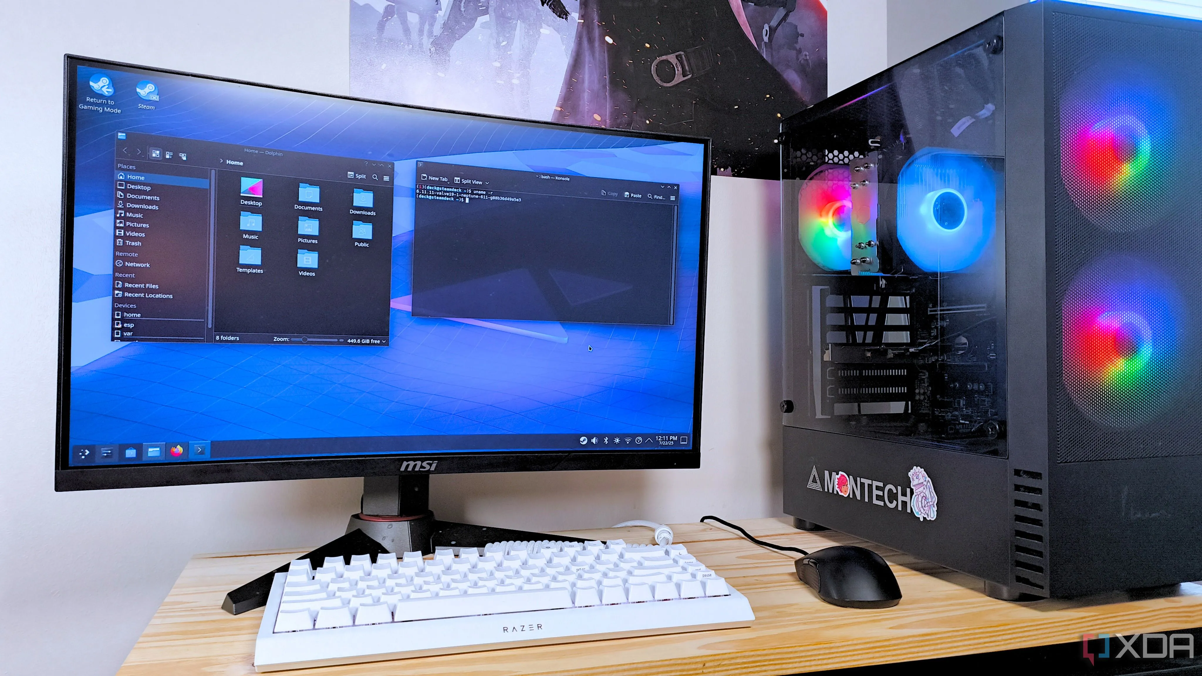 Giao diện PC chơi game SteamOS với ứng dụng Tệp và Terminal đang hoạt động trong môi trường desktop KDE Plasma
