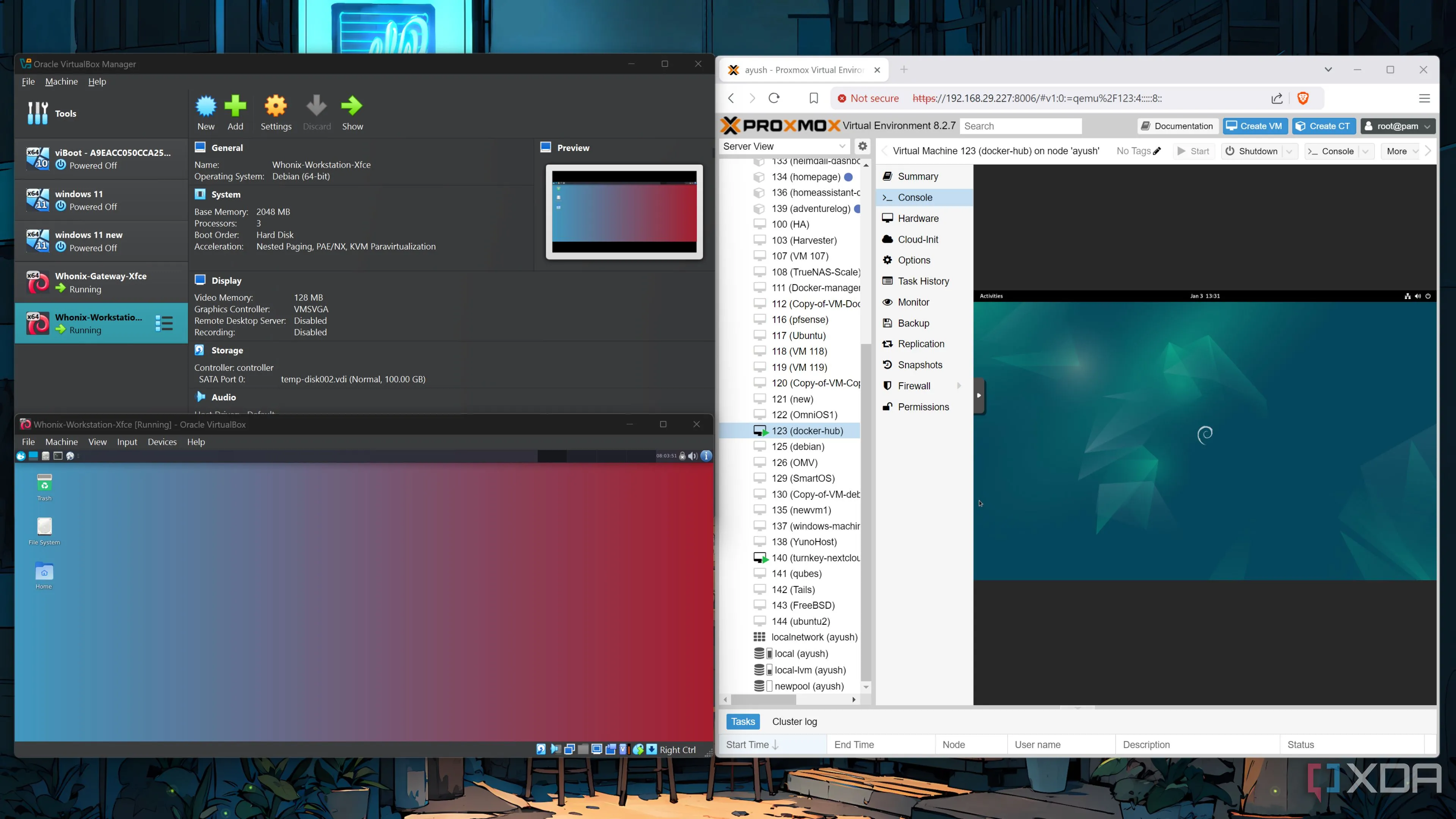 Giao diện phần mềm ảo hóa Proxmox và VirtualBox đang chạy máy ảo (VM), minh họa các nền tảng phổ biến cho home lab.