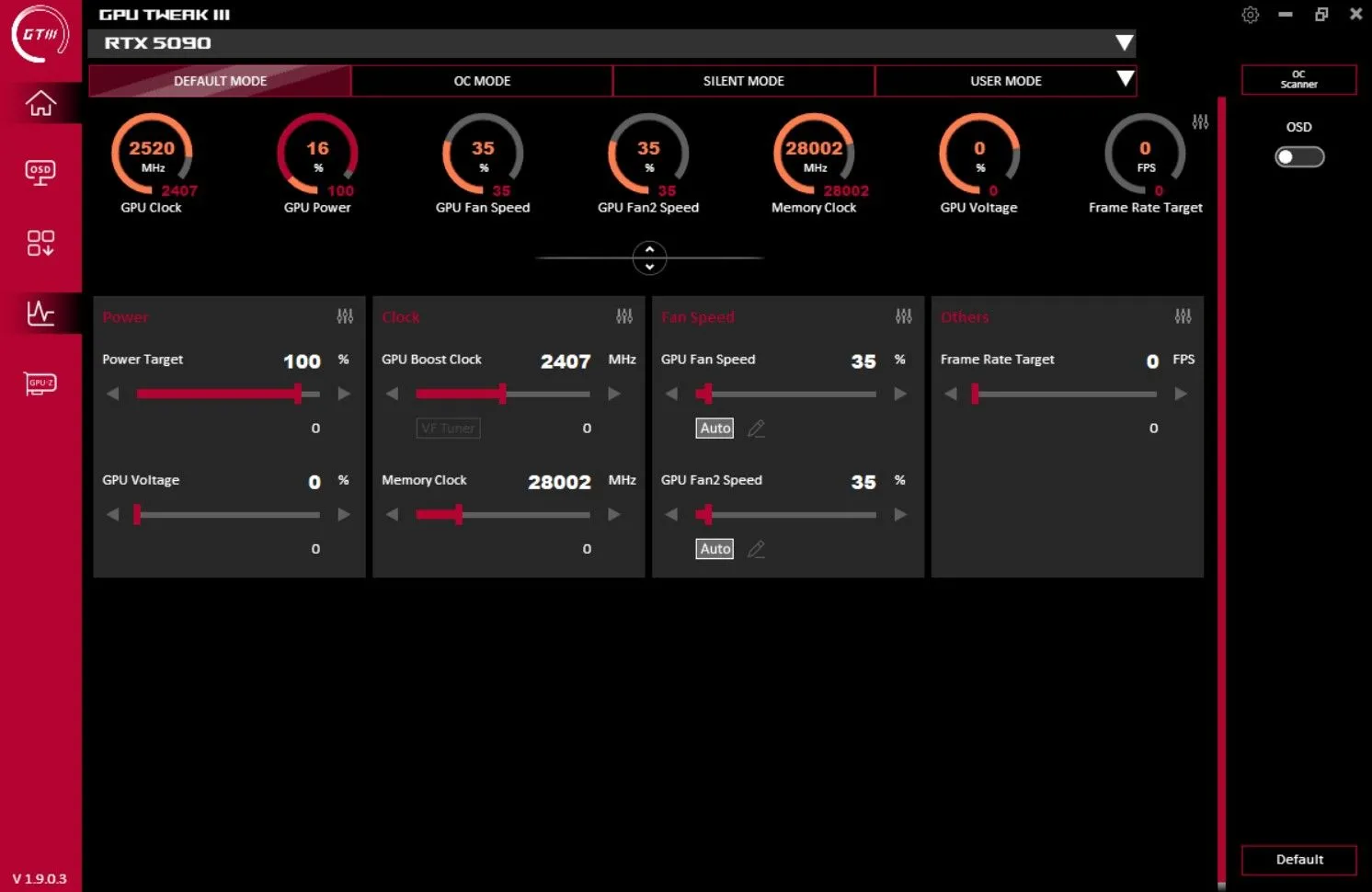 Giao diện phần mềm Asus GPU Tweak III hiển thị các tùy chỉnh ép xung và theo dõi GPU.