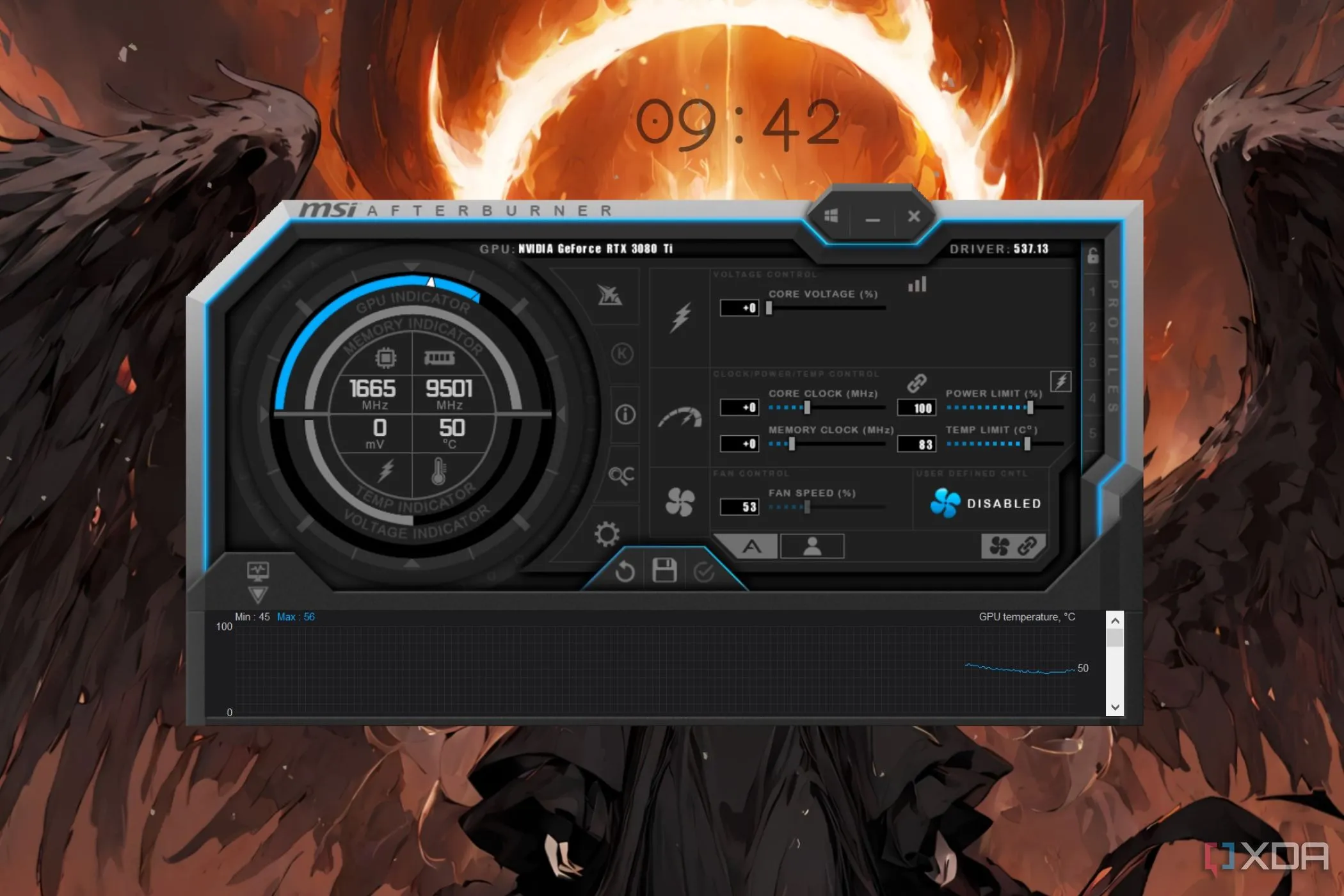 Giao diện phần mềm MSI Afterburner, cho phép điều chỉnh giới hạn nguồn điện GPU và các thông số ép xung khác.
