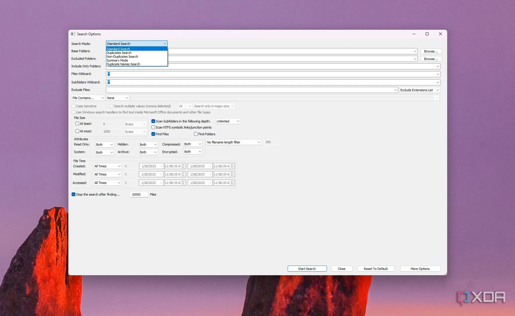 Giao diện phần mềm SearchMyFiles hiển thị các chế độ tìm kiếm và bộ lọc tùy chỉnh