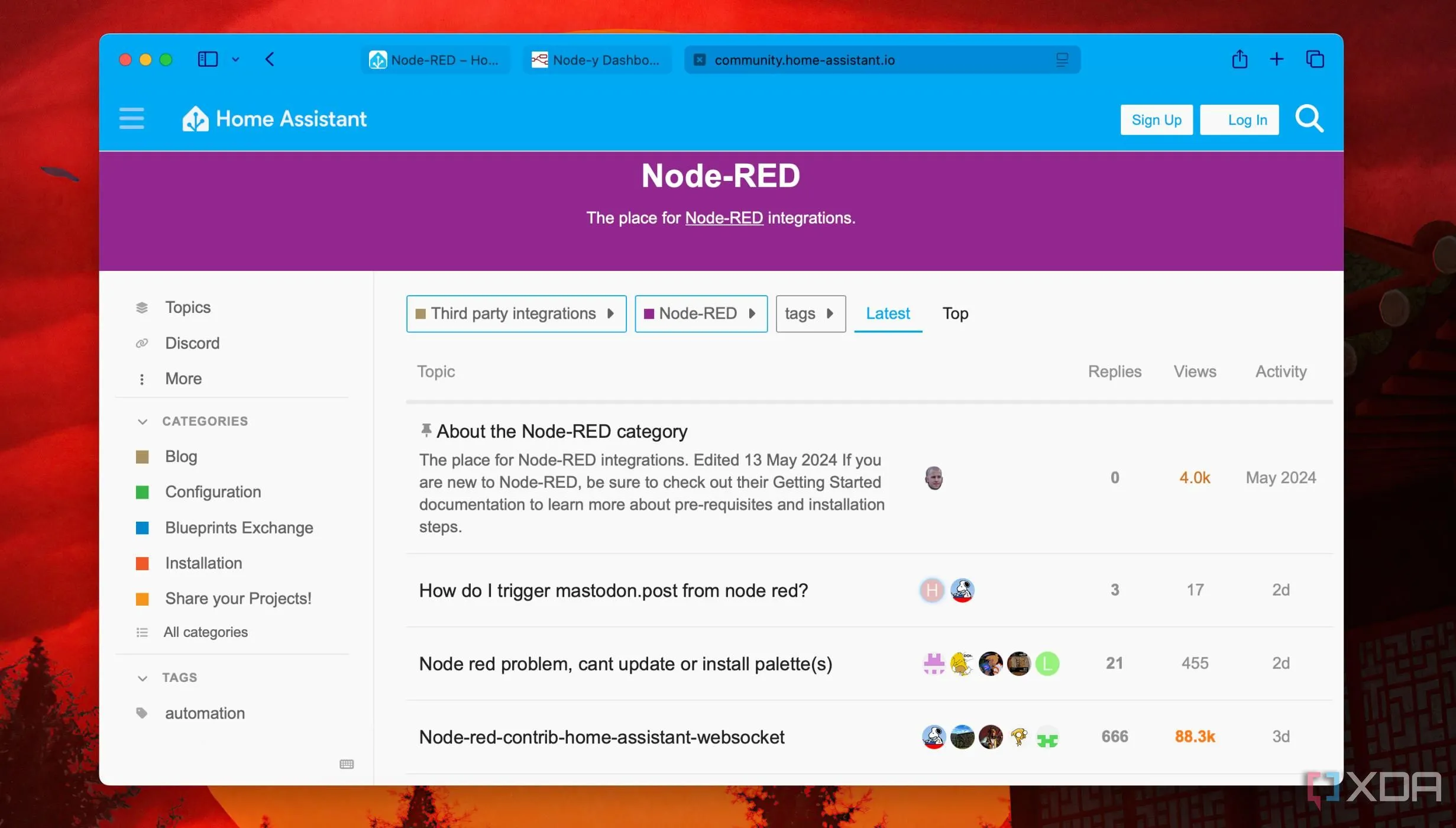 Giao diện phần Node-RED trong cộng đồng Home Assistant, nơi người dùng trao đổi và hỗ trợ