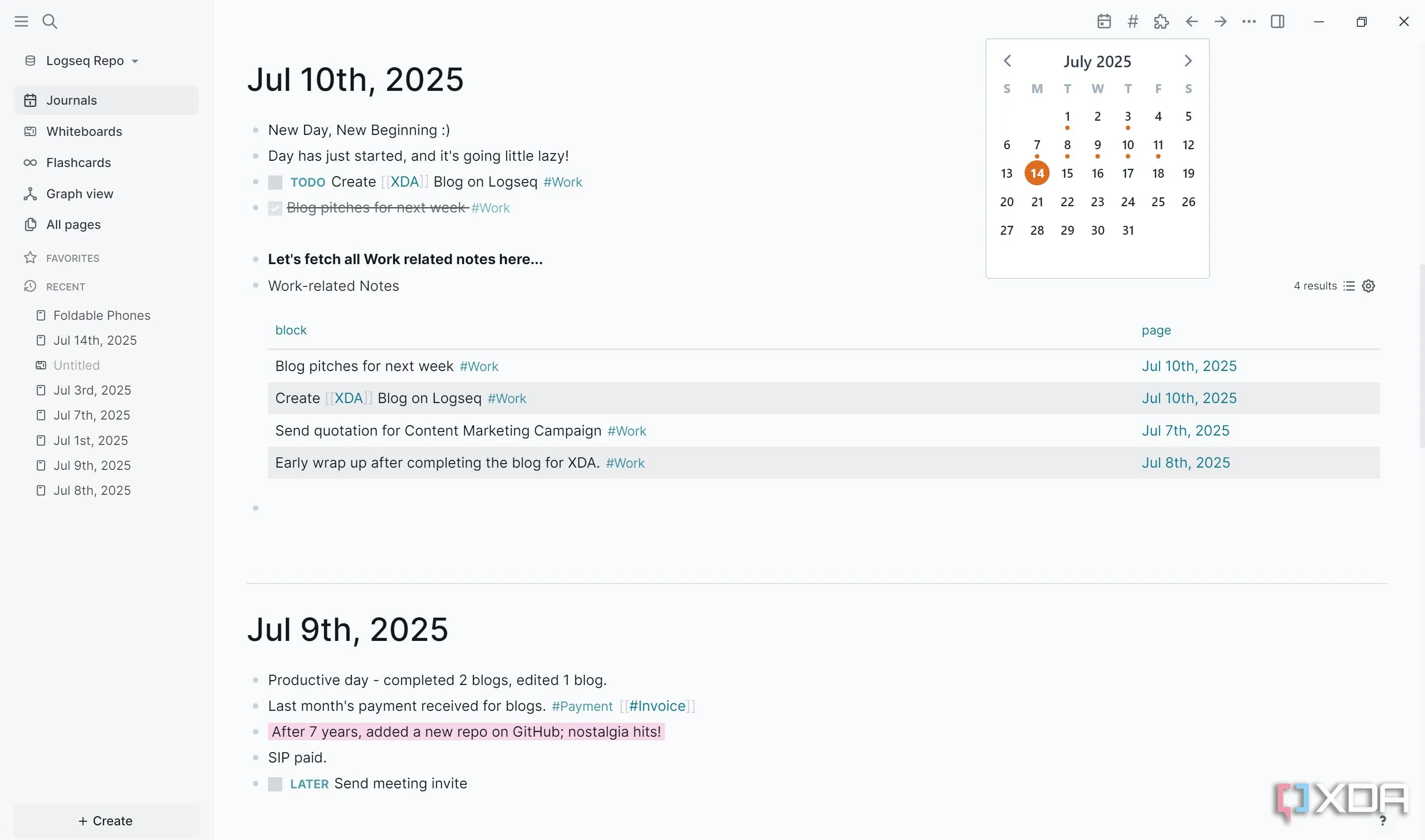 Giao diện plugin Journals Calendar trong Logseq giúp xem và điều hướng nhật ký ghi chú theo lịch