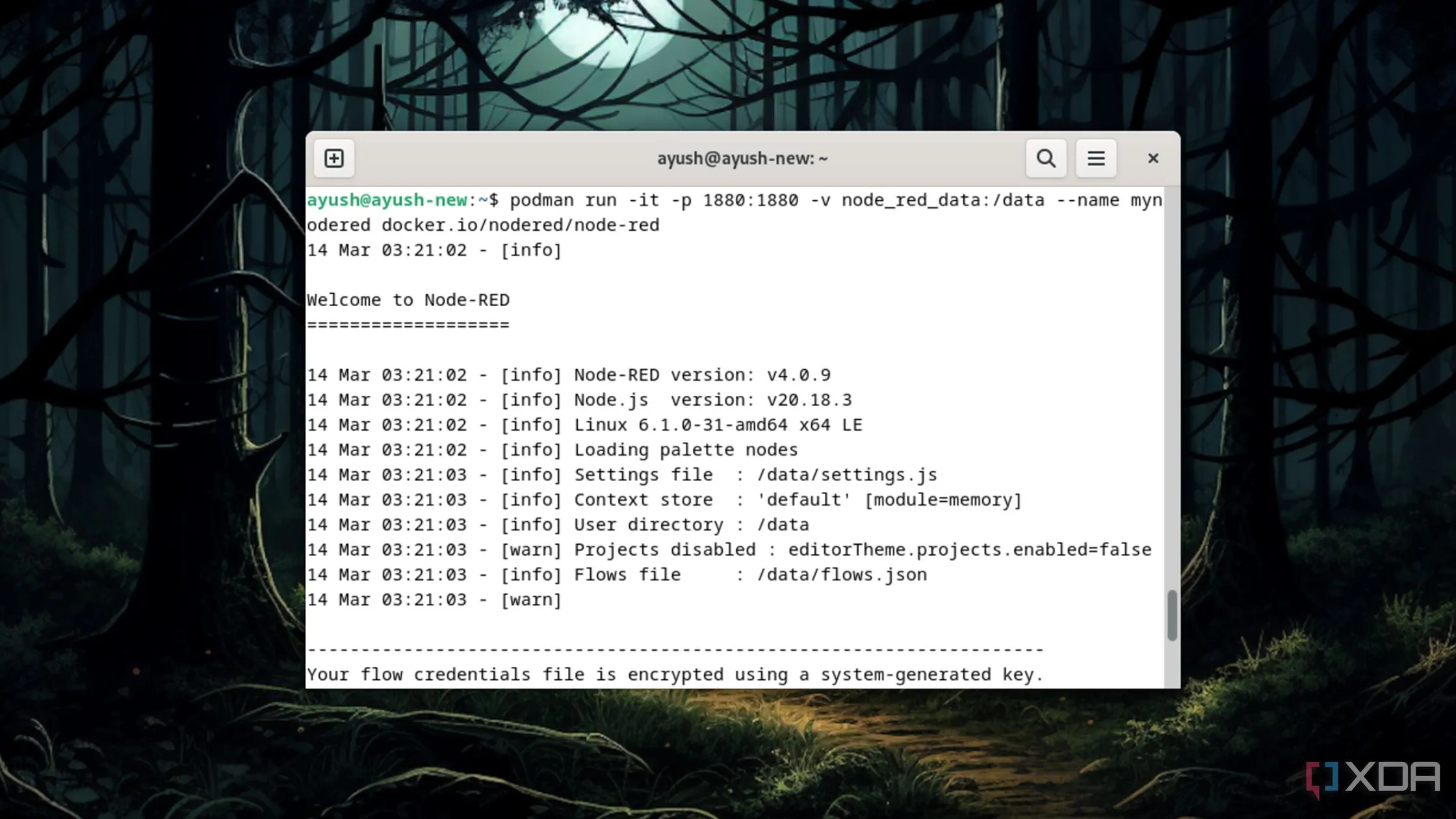 Giao diện Podman chạy container Node-RED trên Linux