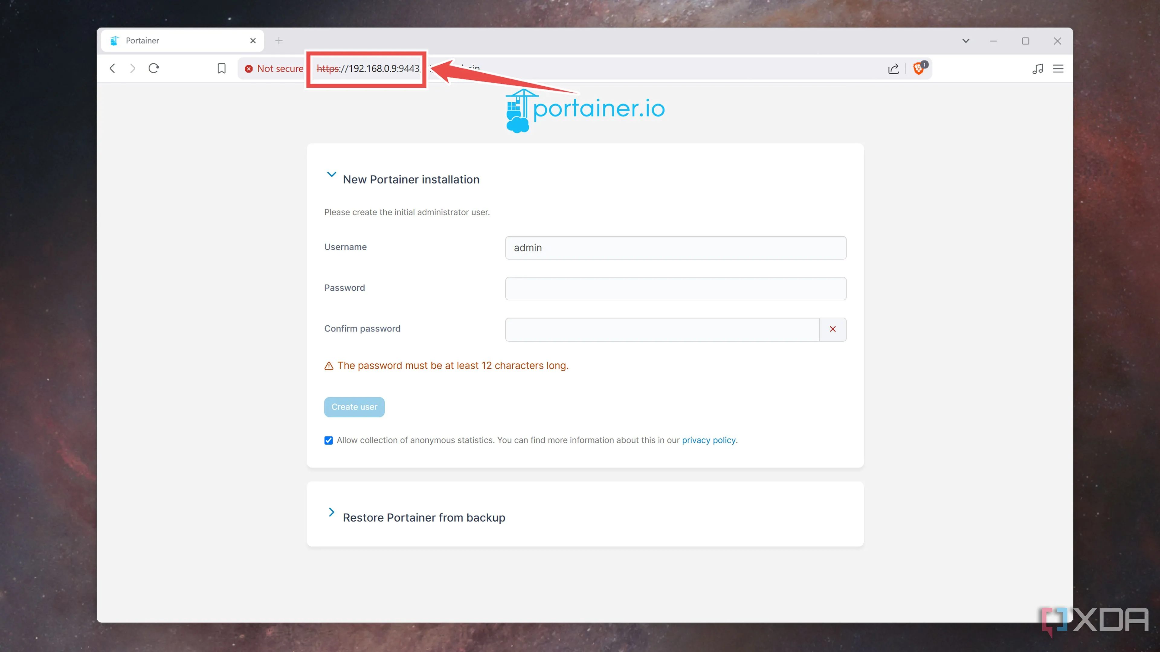 Giao diện Portainer đang được truy cập thông qua trình duyệt web