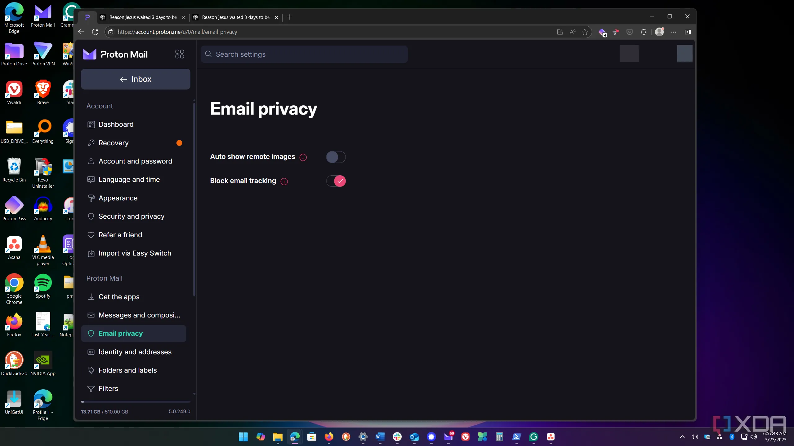 Giao diện Proton Mail hiển thị tính năng chặn theo dõi email để bảo vệ quyền riêng tư người dùng