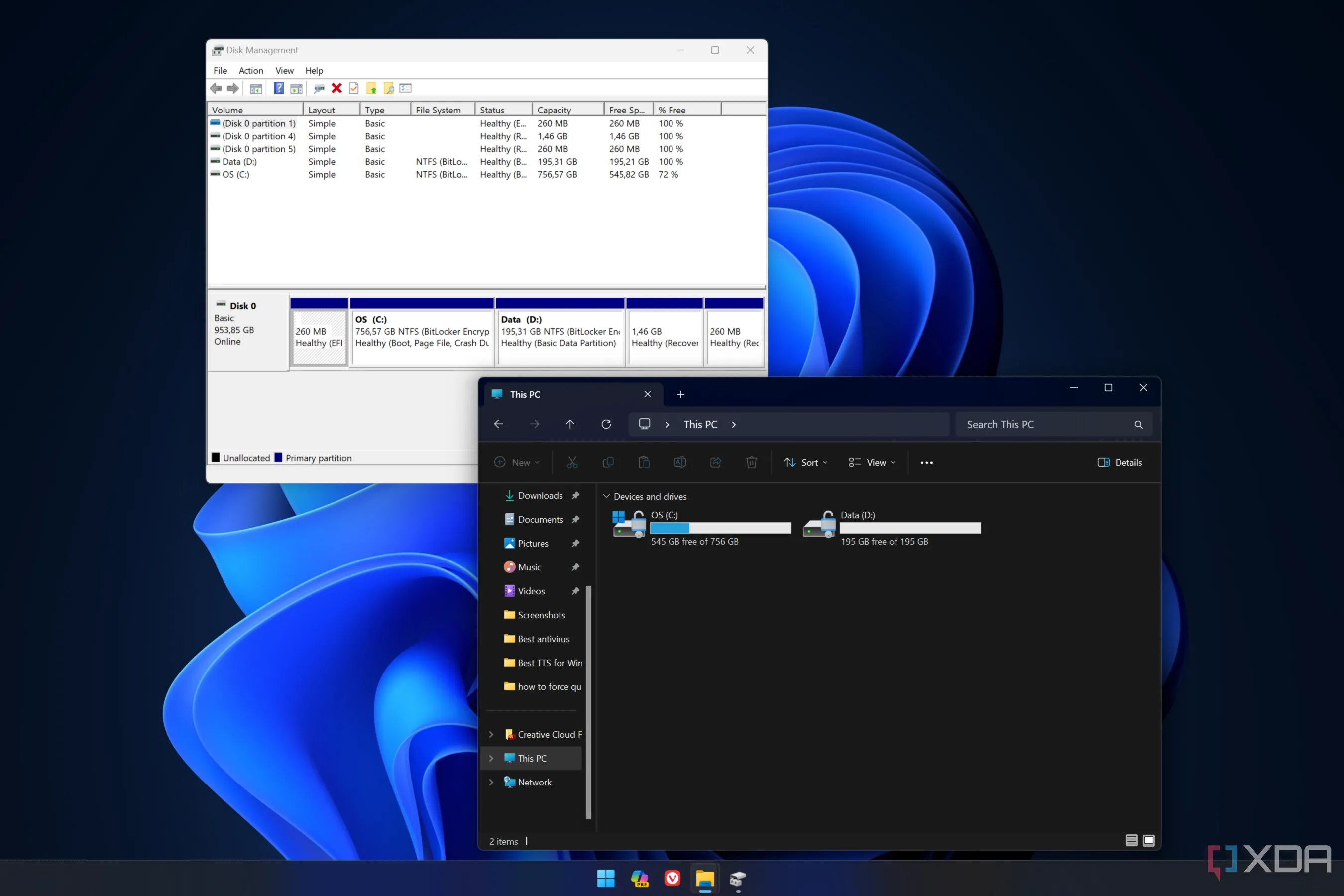 Giao diện Quản lý Đĩa và File Explorer trên Windows 11, minh họa các phân vùng ổ đĩa