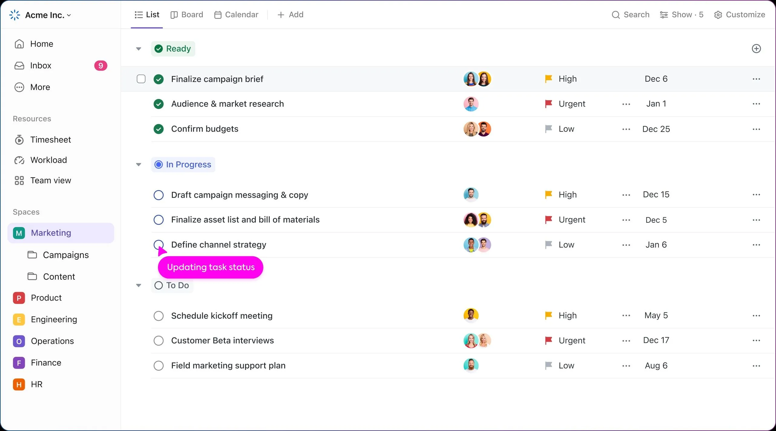Giao diện quản lý dự án trên ClickUp với các tác vụ và tiến độ rõ ràng
