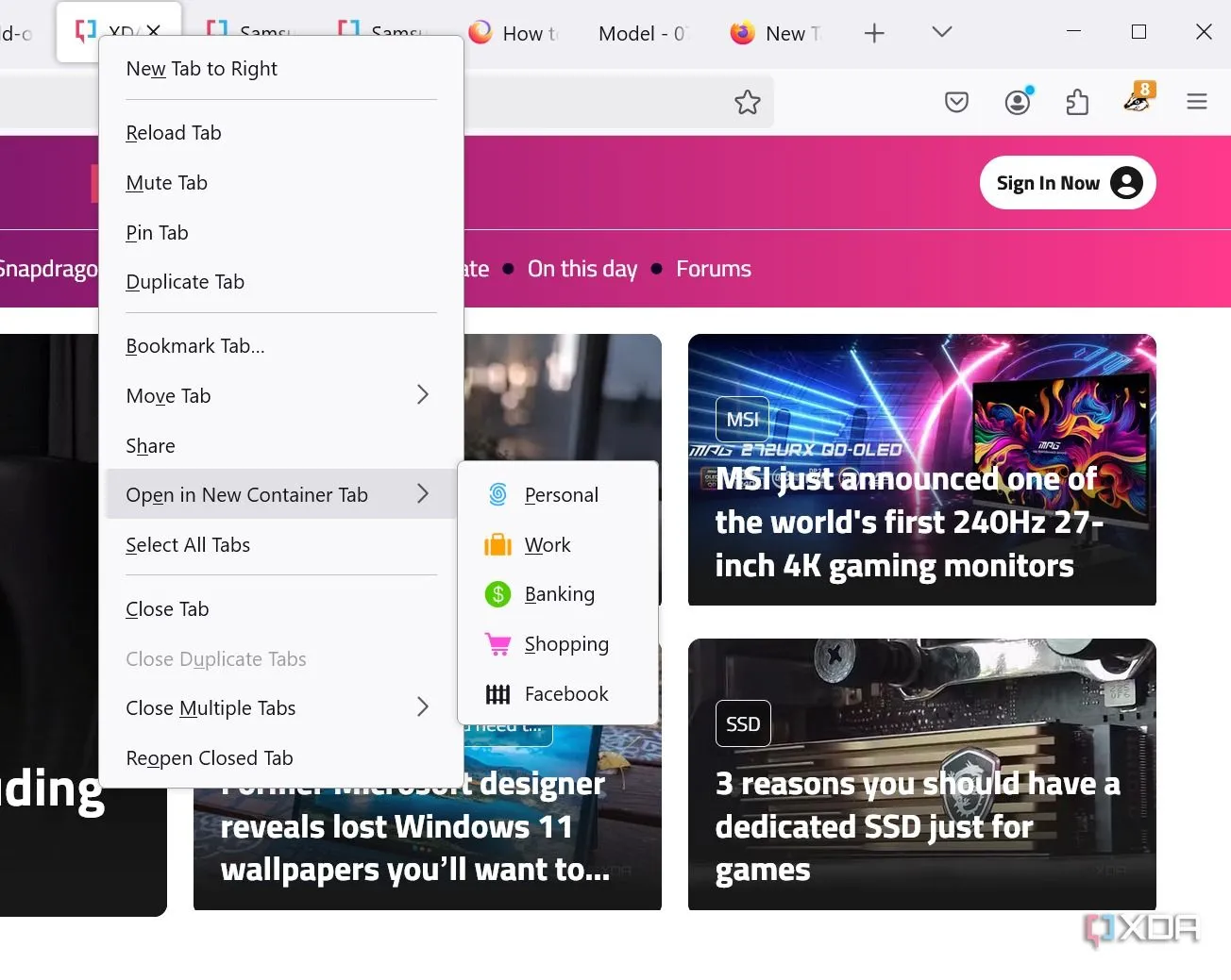 Giao diện quản lý Firefox Containers với các tùy chọn cô lập tab