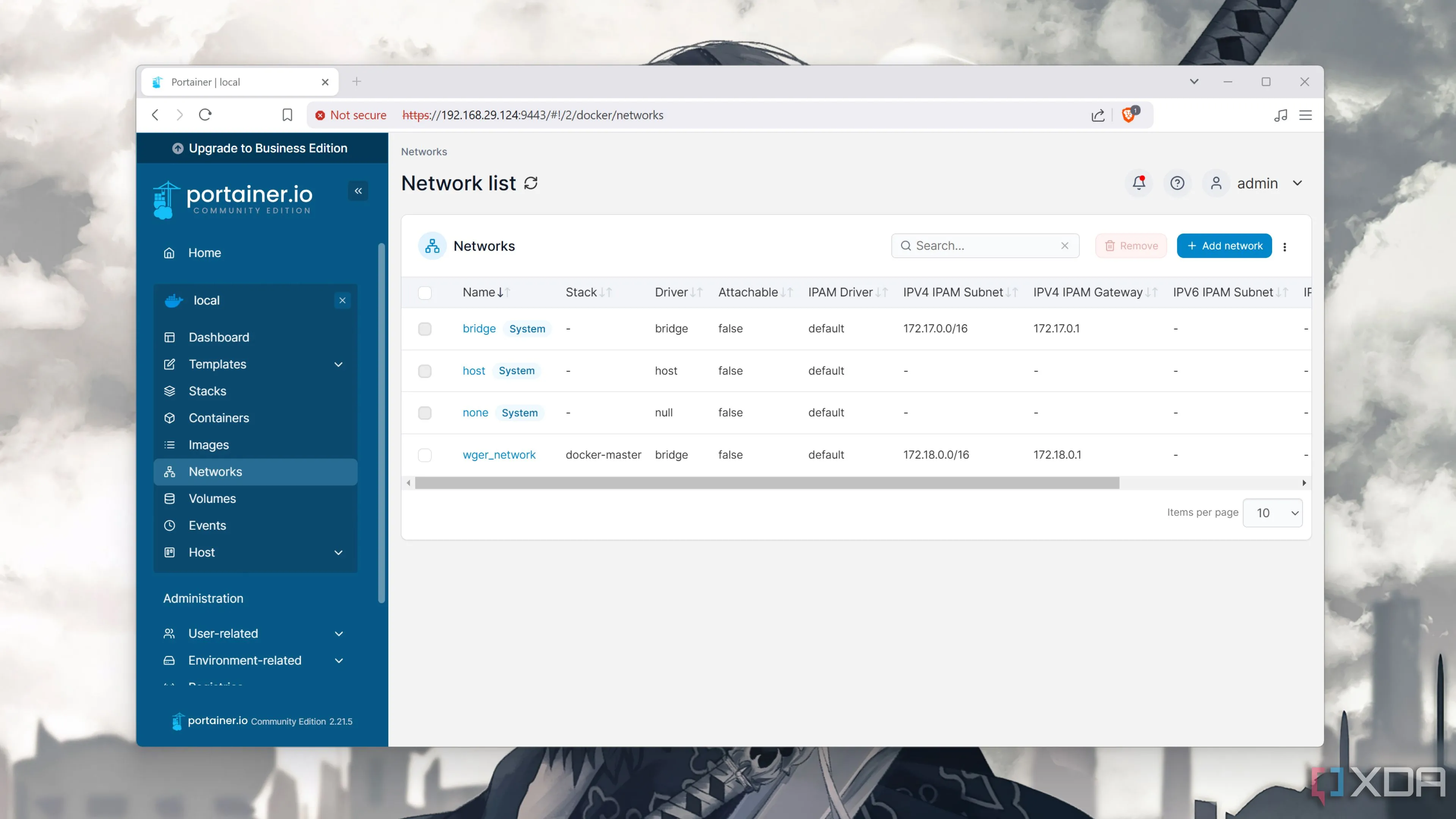 Giao diện quản lý mạng Docker trong Portainer, minh họa các tùy chọn cấu hình mạng container.