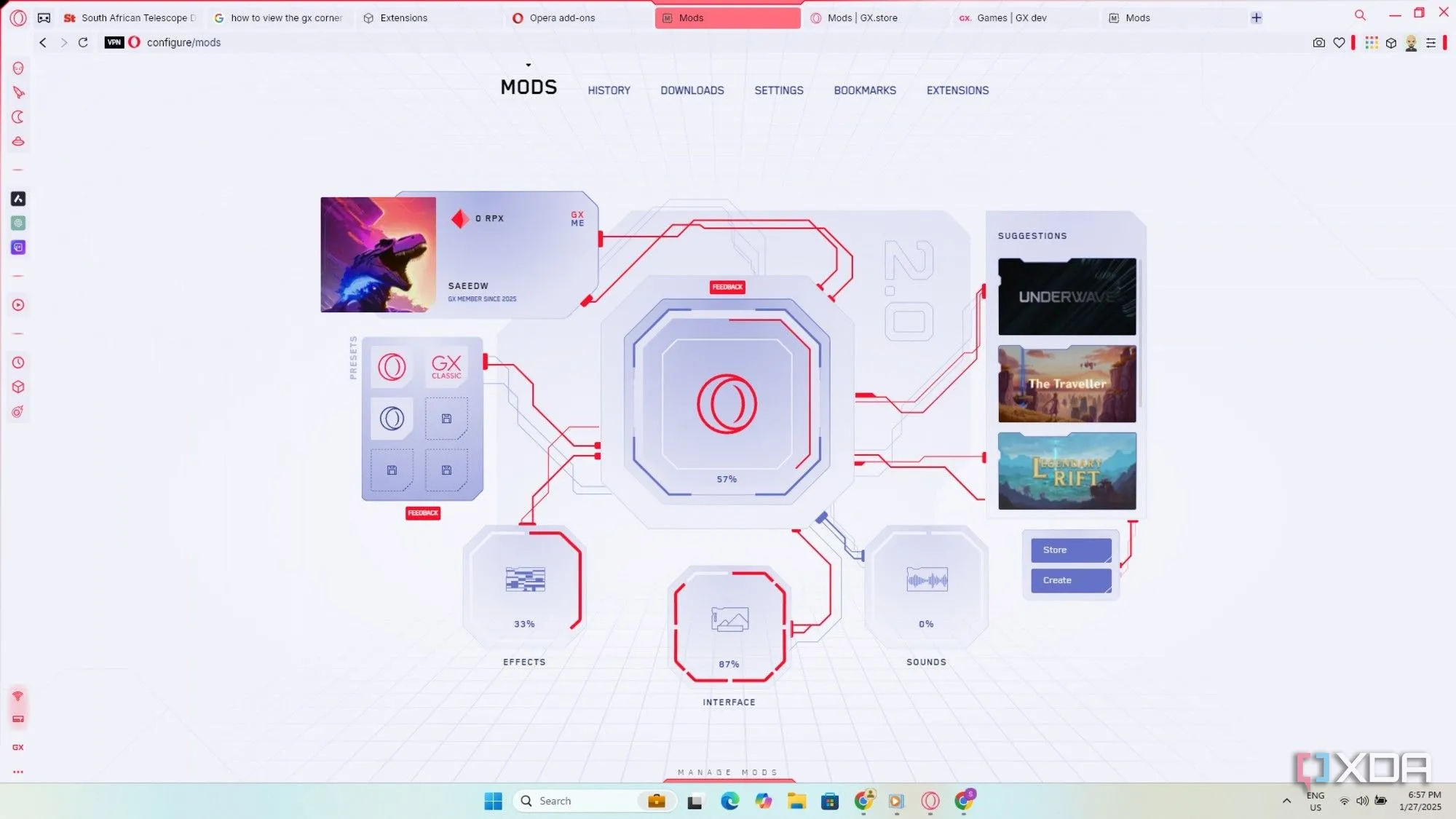 Giao diện quản lý &quot;Mods&quot; của Opera GX, nơi người dùng có thể tùy chỉnh chủ đề, âm thanh và hiệu ứng.