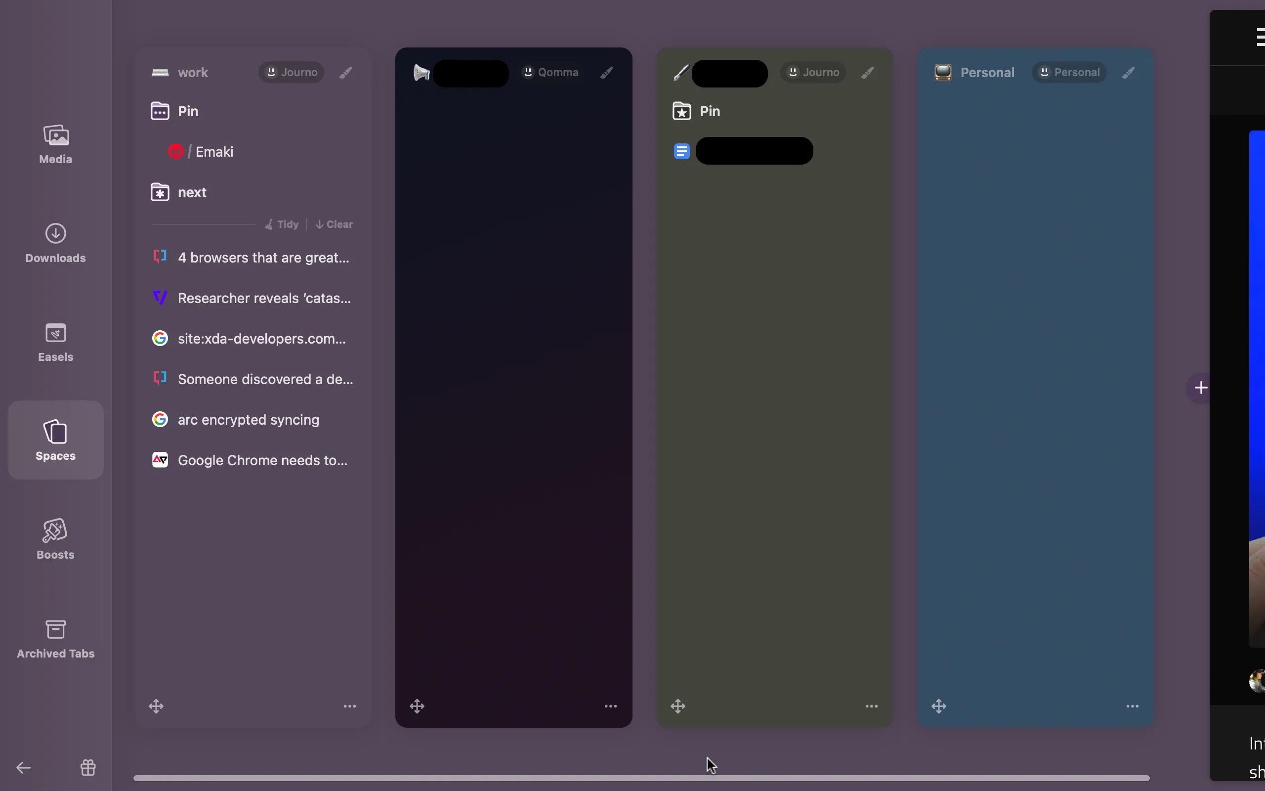 Giao diện quản lý Profiles và Spaces của Arc Browser trên MacBook, minh họa cách tổ chức các không gian làm việc khác nhau.