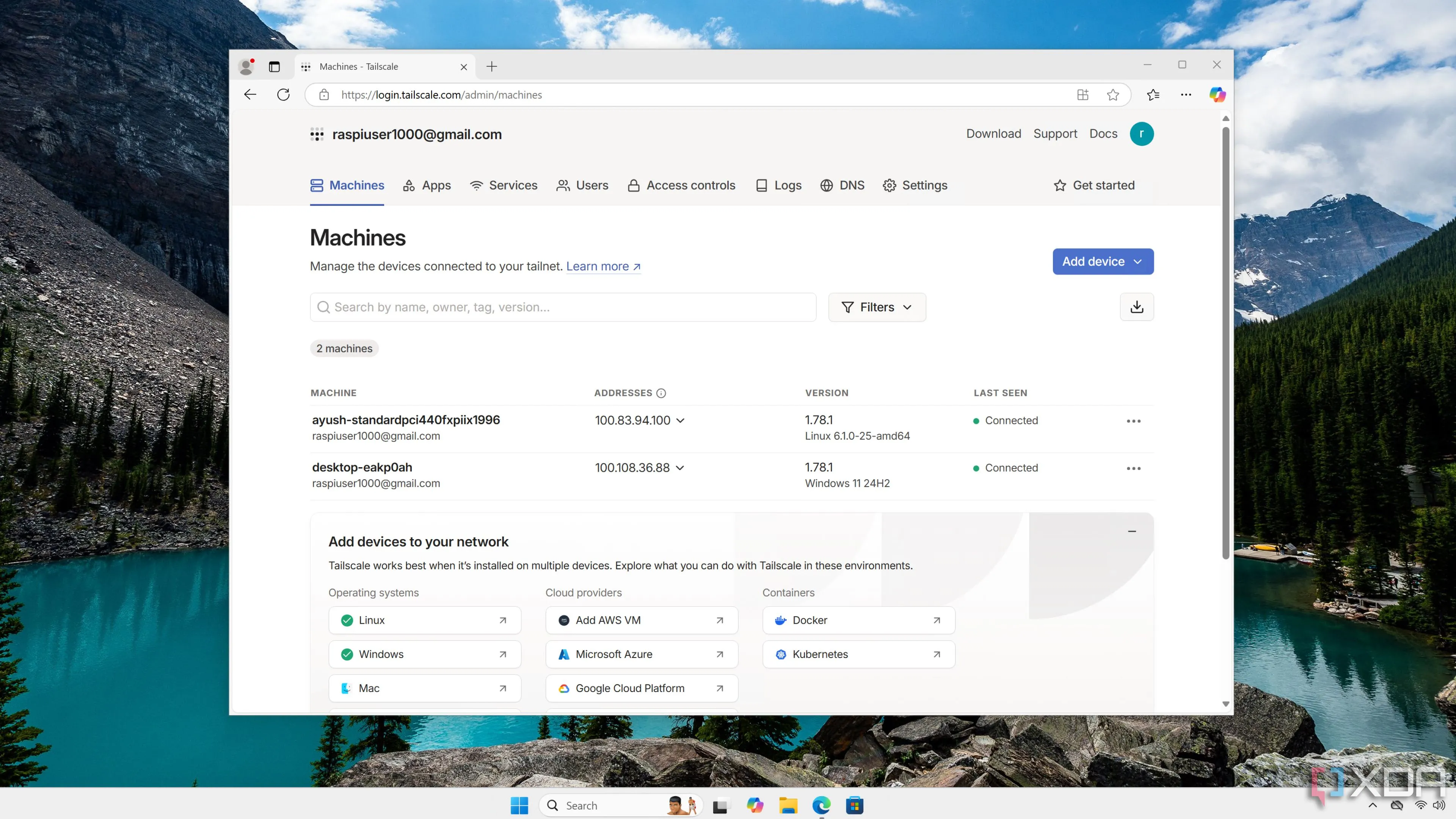 Giao diện quản lý web của Tailscale hiển thị các thiết bị đã kết nối trong Tailnet