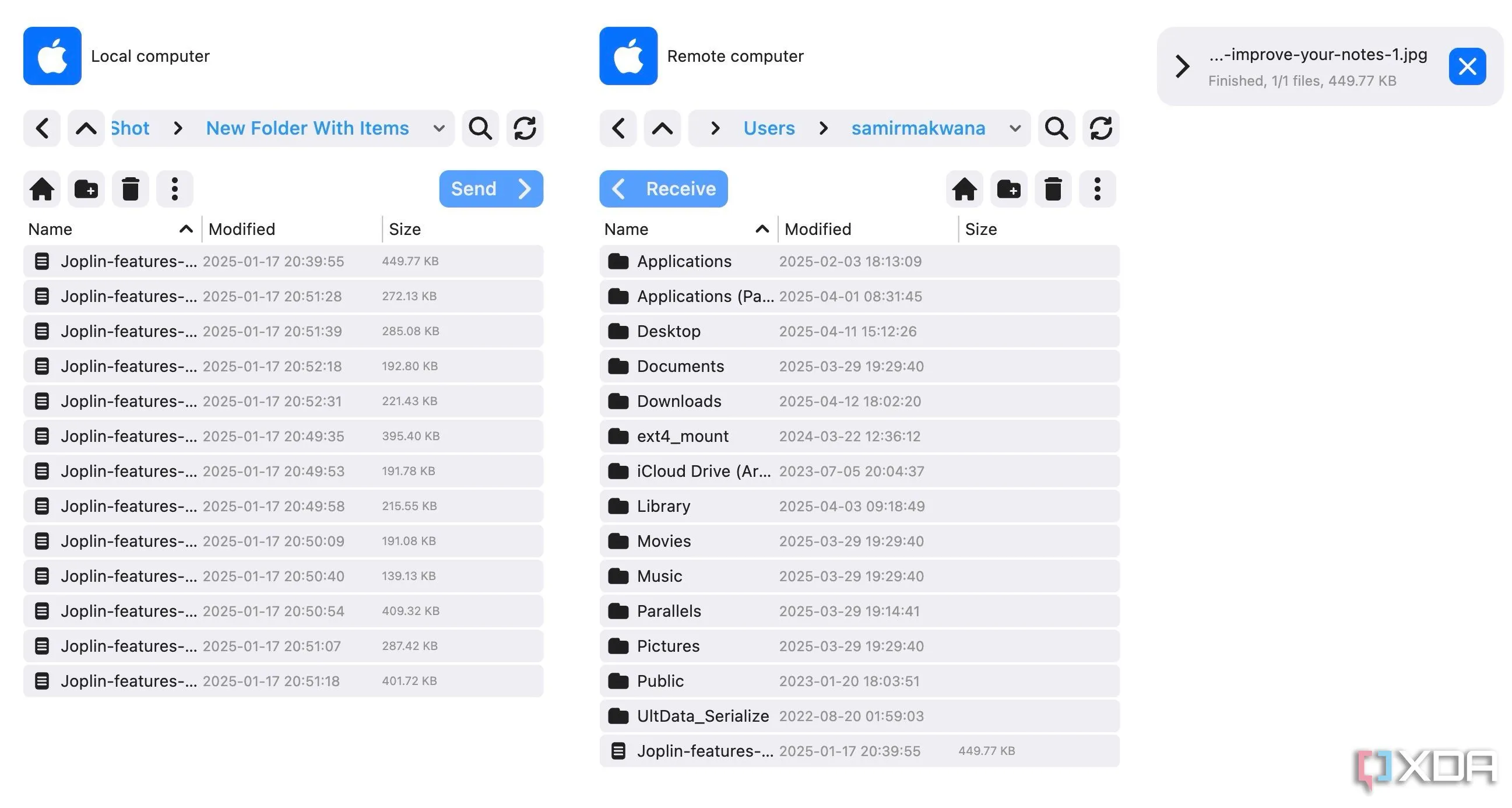 Giao diện RustDesk hiển thị tính năng truyền tệp tin giữa các thiết bị từ xa