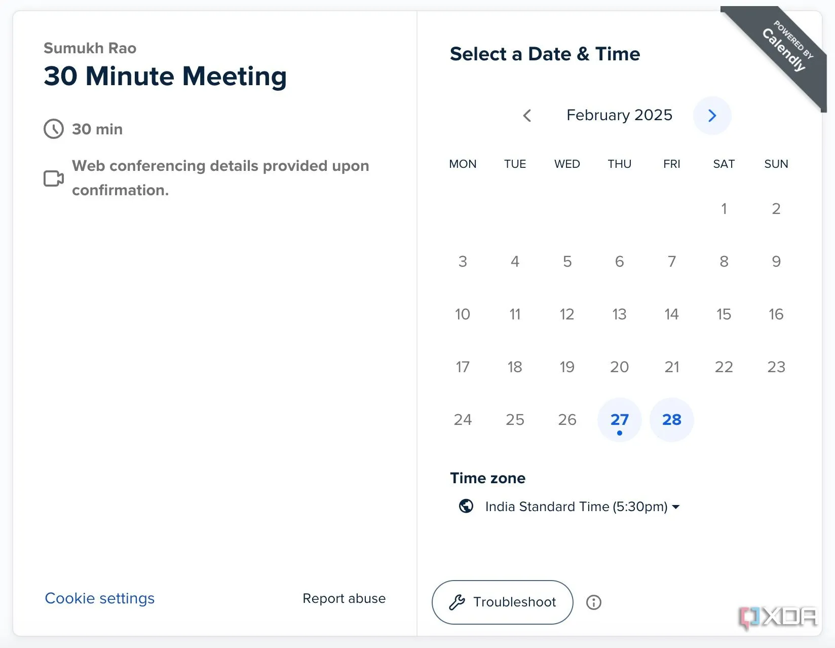Giao diện sắp xếp lịch hẹn trên Calendly, hiển thị các khung thời gian có sẵn