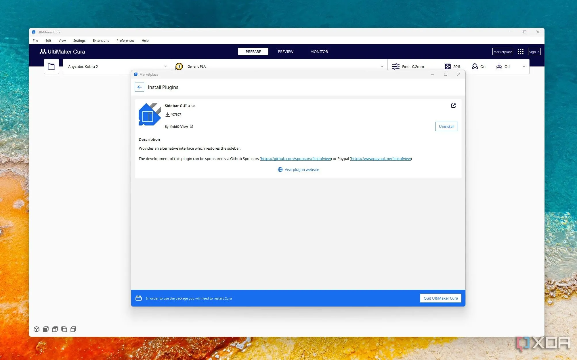 Giao diện Sidebar GUI được cài đặt trong phần mềm Cura, hiển thị các tùy chọn thiết lập được sắp xếp gọn gàng ở thanh bên