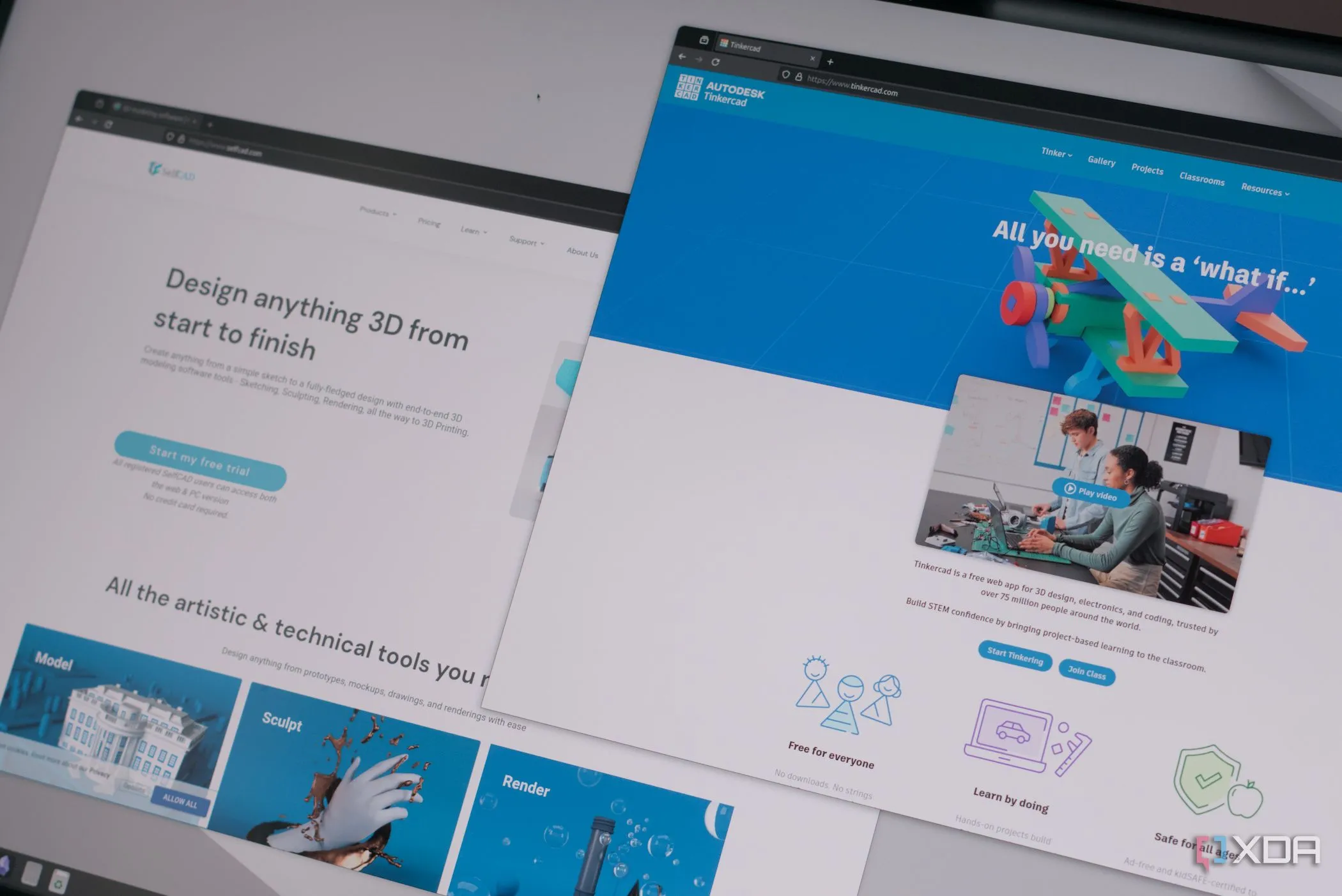 Giao diện so sánh các công cụ thiết kế TinkerCAD và SelfCAD trên trình duyệt web