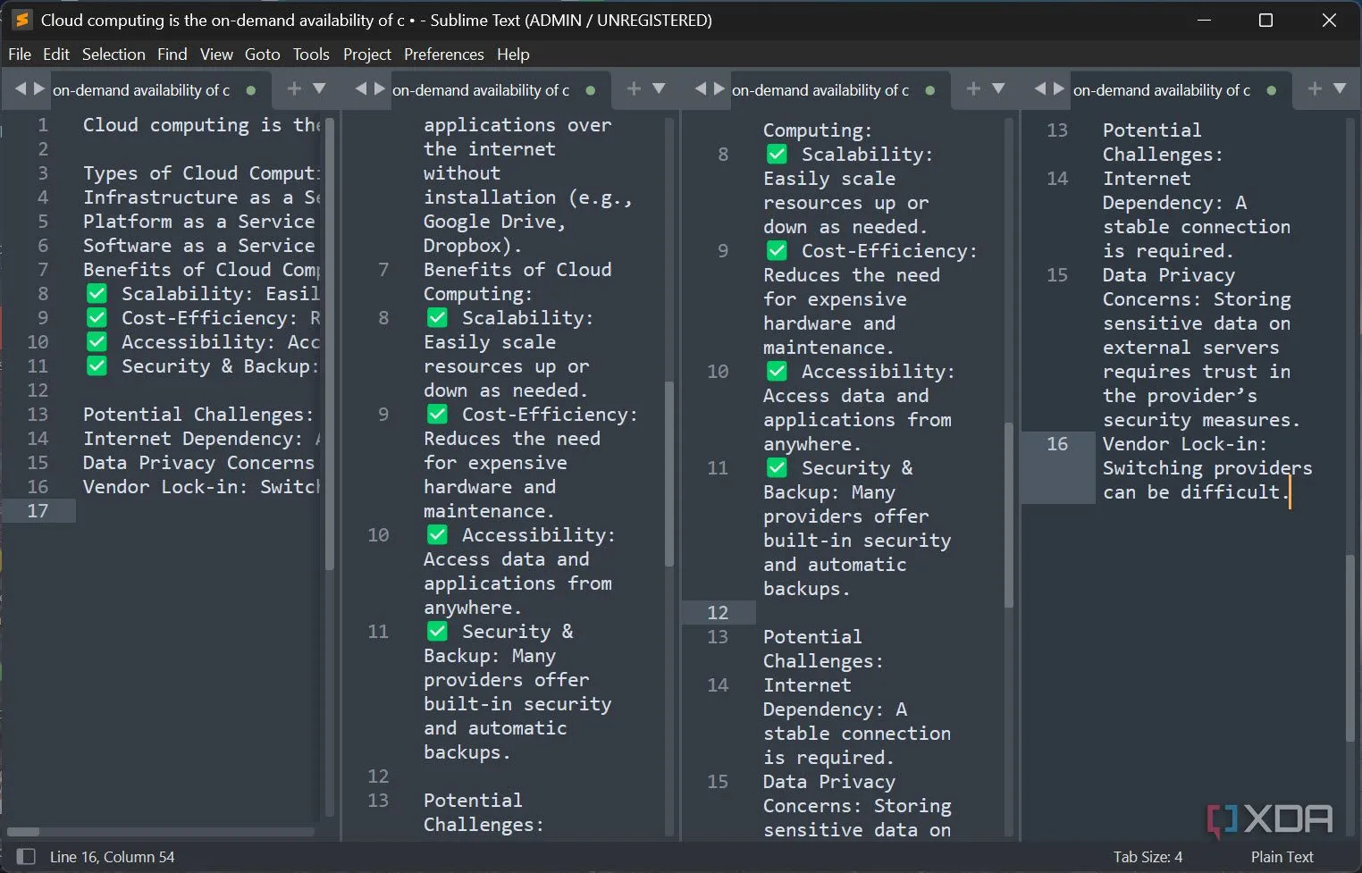 Giao diện Sublime Text hiển thị chế độ chia 4 cột, tối ưu cho xử lý tệp lớn và đa nhiệm