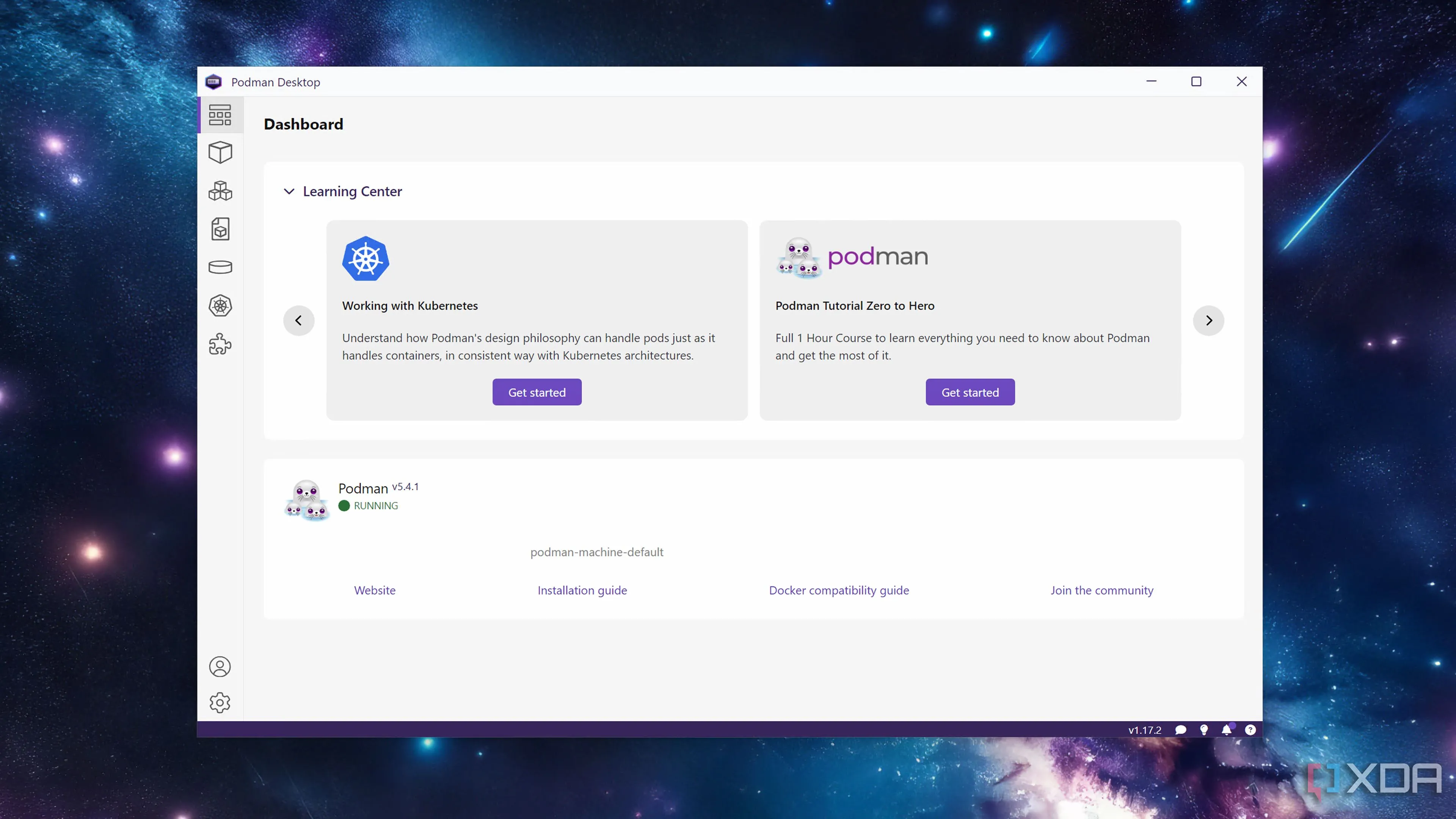 Giao diện tab Dashboard trong Podman Desktop, nơi quản lý và giám sát các container