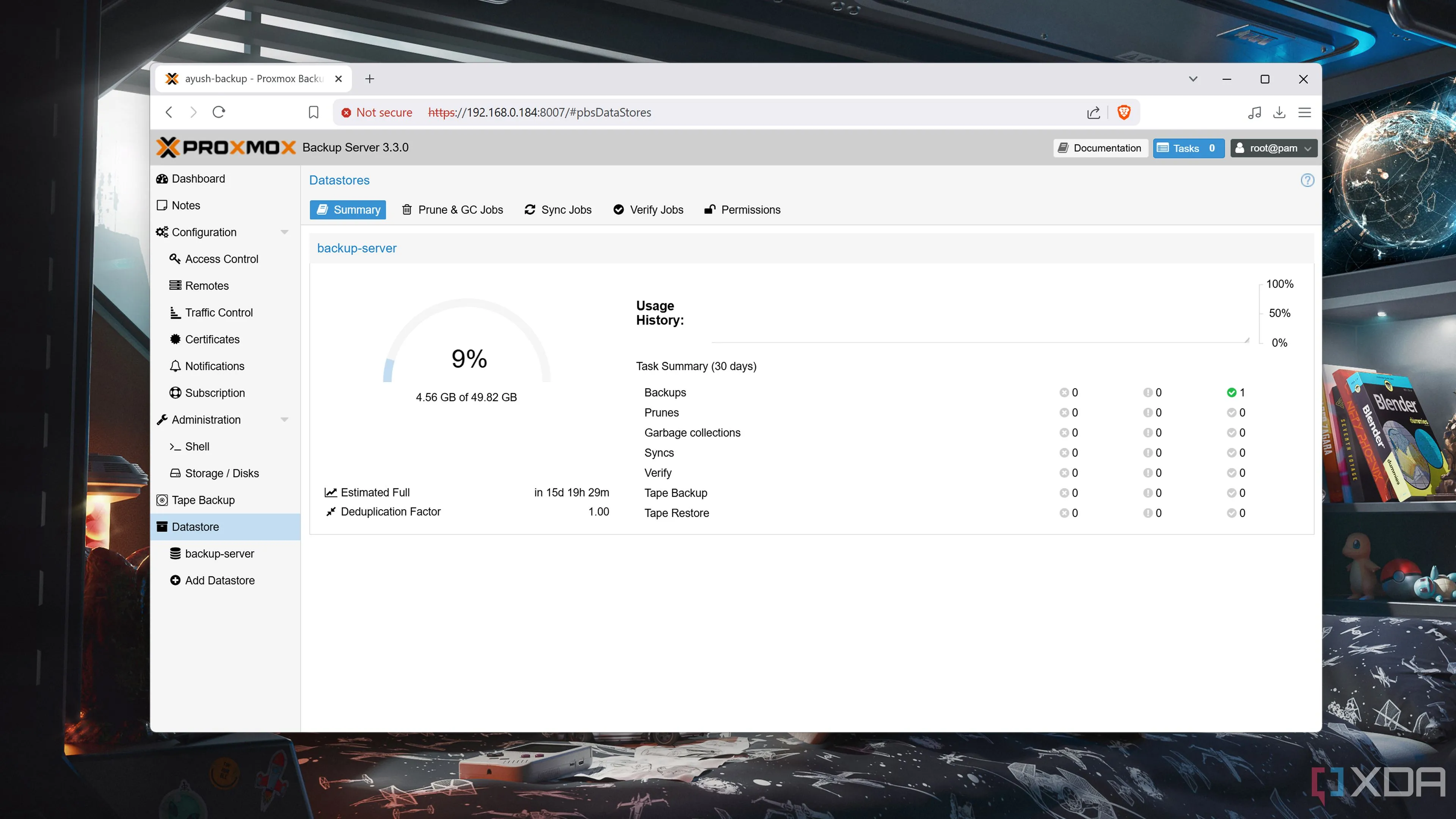 Giao diện tab Datastore trong Proxmox Backup Server, thể hiện khả năng quản lý dữ liệu hiệu quả
