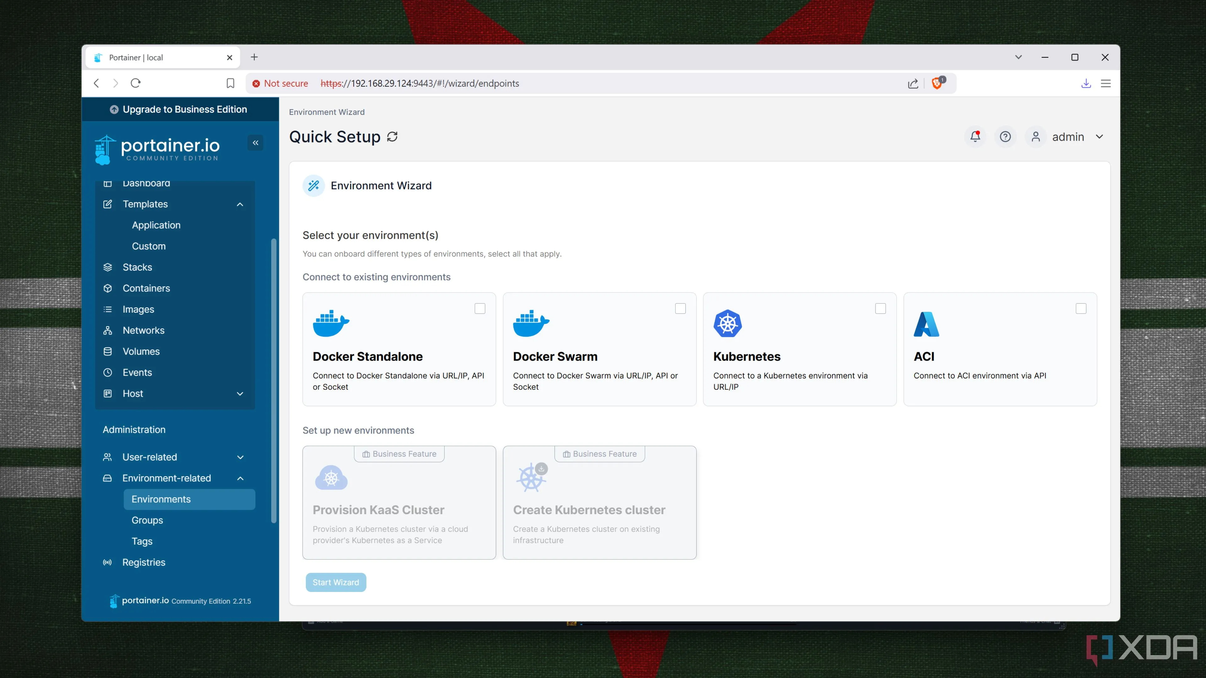 Giao diện tab &quot;Environment&quot; trong Portainer, một công cụ quản lý Docker, thể hiện sự đơn giản trong việc cấu hình và quản lý các dịch vụ.