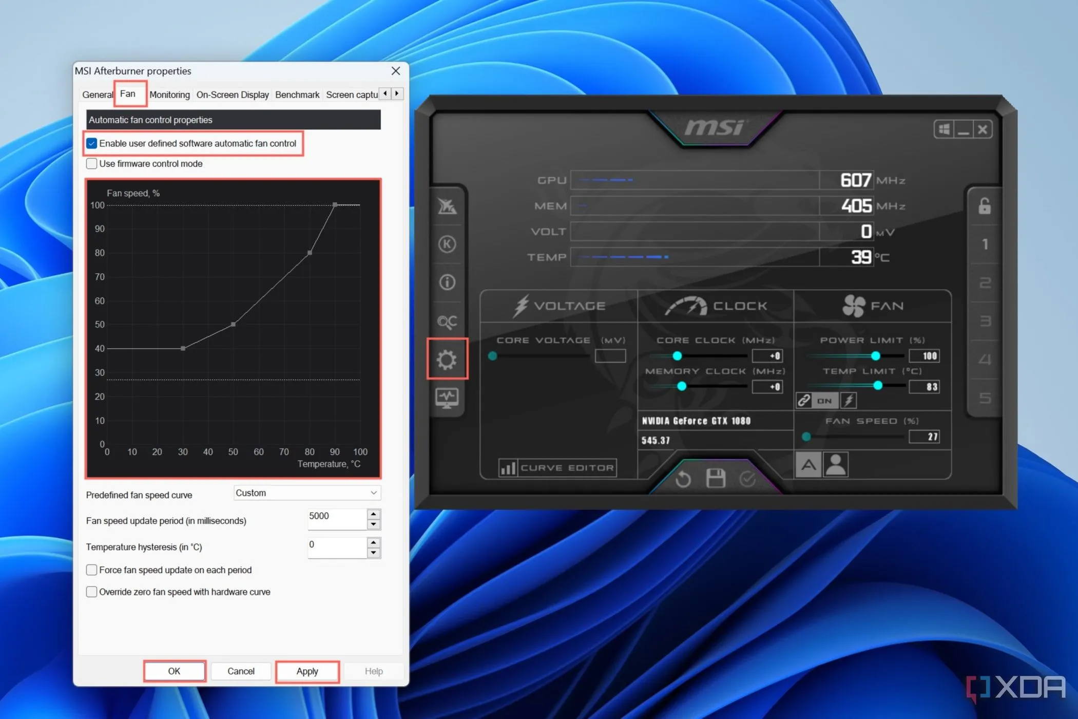 Giao diện tab Fan trong MSI Afterburner để điều chỉnh đường cong quạt GPU, giúp kiểm soát nhiệt độ card đồ họa hiệu quả.