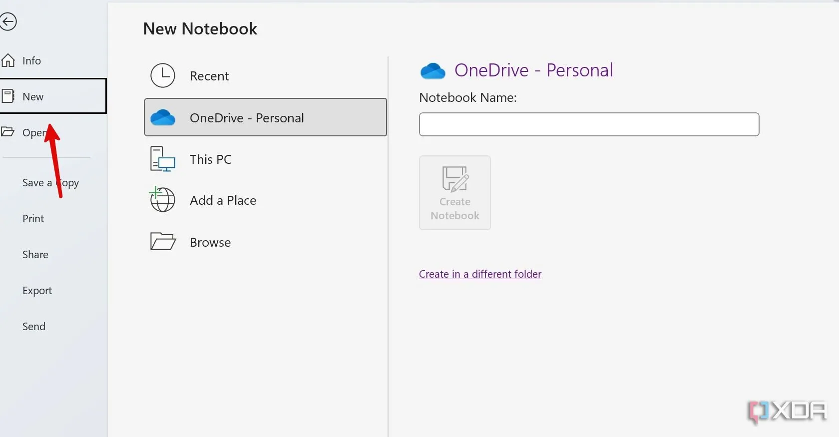 Giao diện tạo sổ tay mới trong OneNote, cho phép đặt tên và chọn vị trí lưu