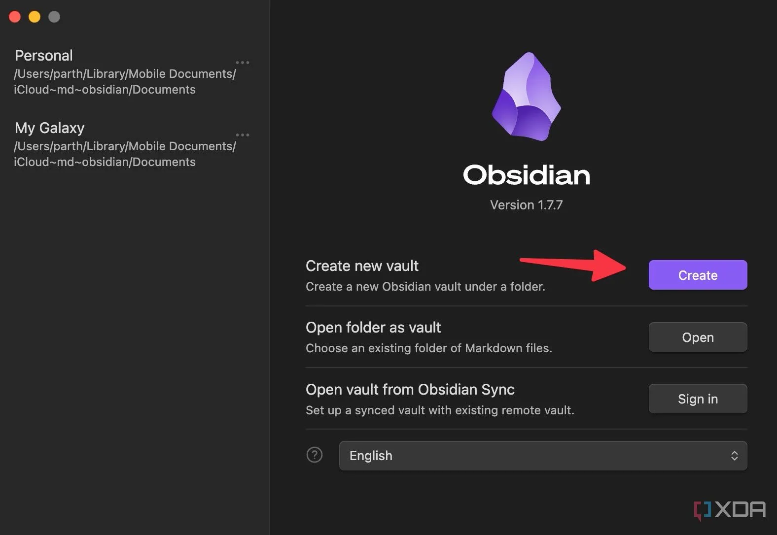 Giao diện tạo vault mới trong Obsidian