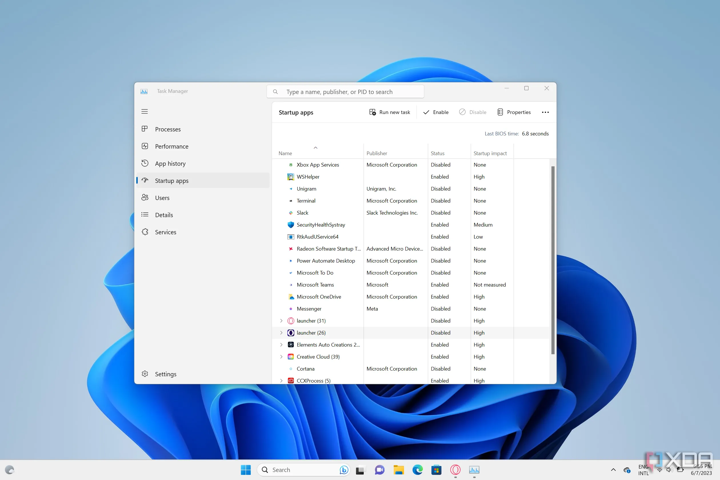 Giao diện Task Manager của Windows 11 hiển thị các ứng dụng khởi động, giúp quản lý hiệu suất hệ thống