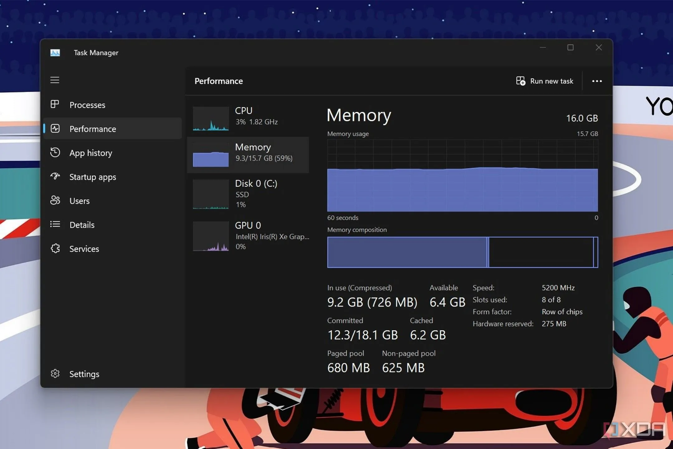 Giao diện Task Manager trên Windows 11 hiển thị mức sử dụng và tốc độ RAM