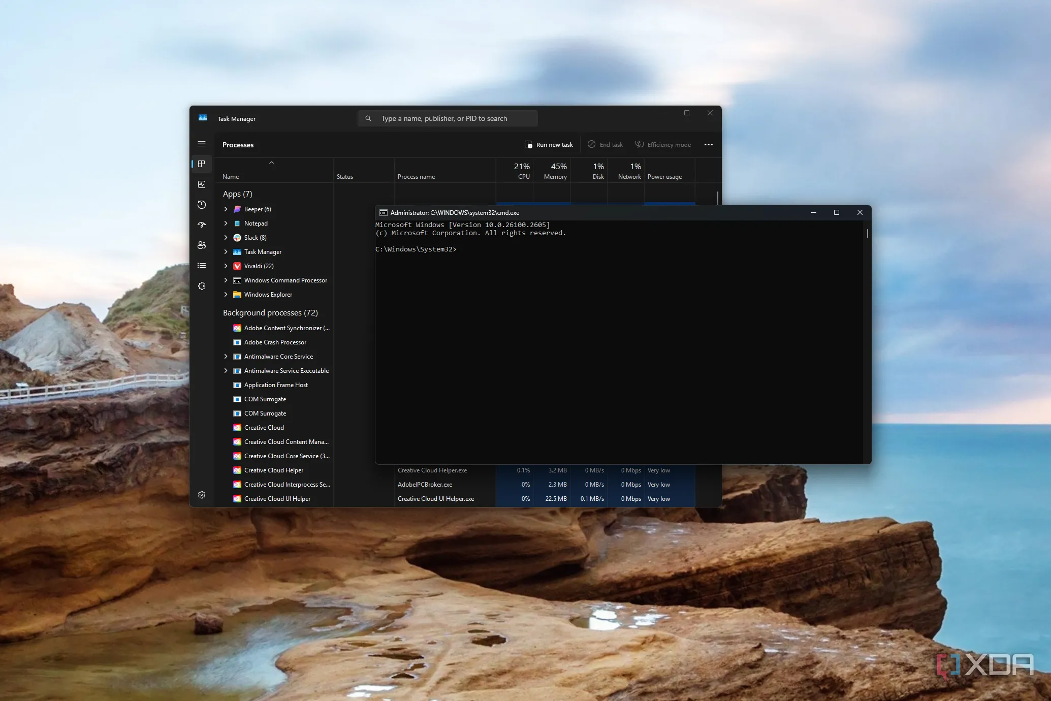 Giao diện Task Manager và cửa sổ Command Prompt đang chạy trên Windows, minh họa các công cụ dòng lệnh