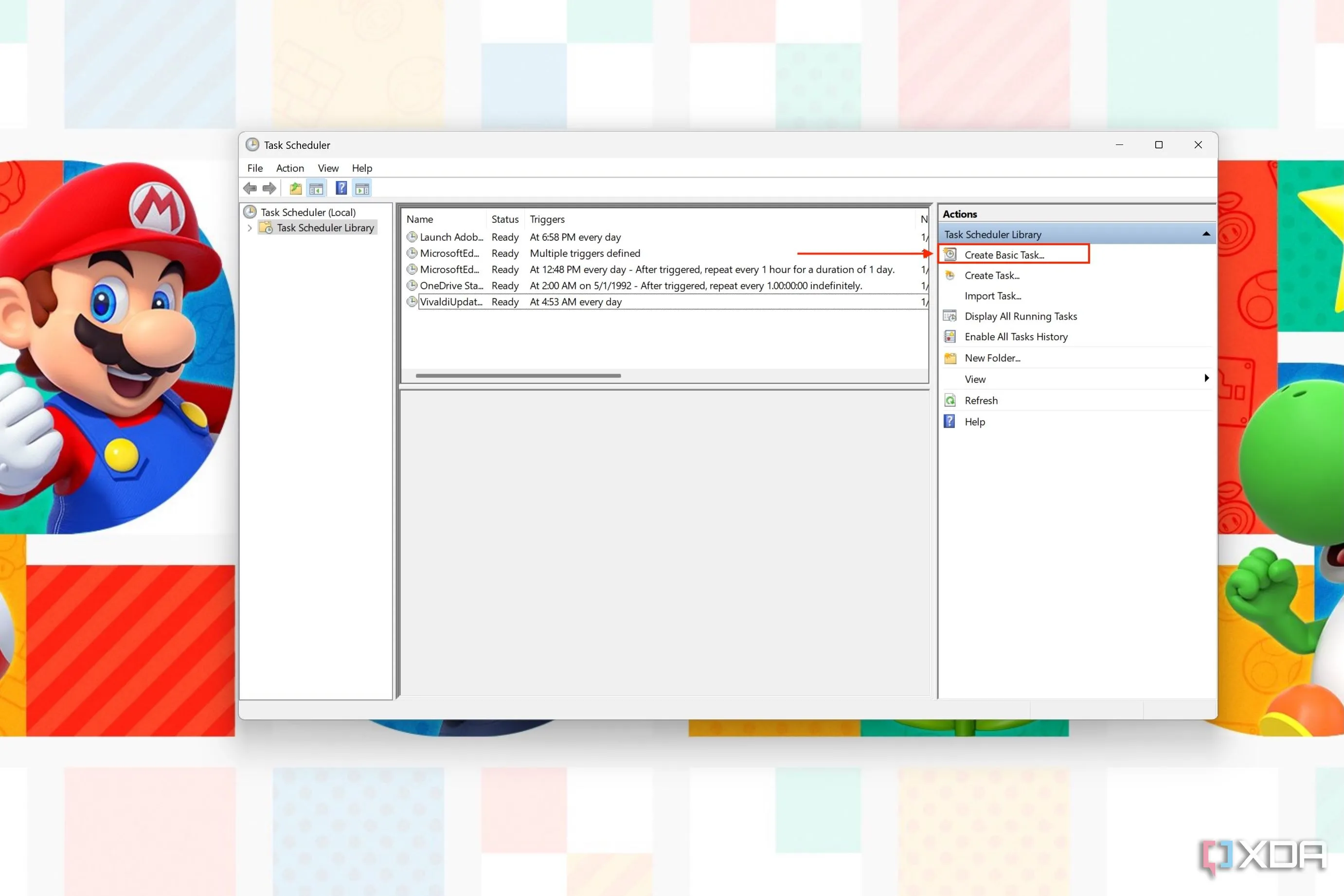 Giao diện Task Scheduler hiển thị nút &quot;Create Basic Task&quot; được đánh dấu để tạo tác vụ tự động cập nhật Windows