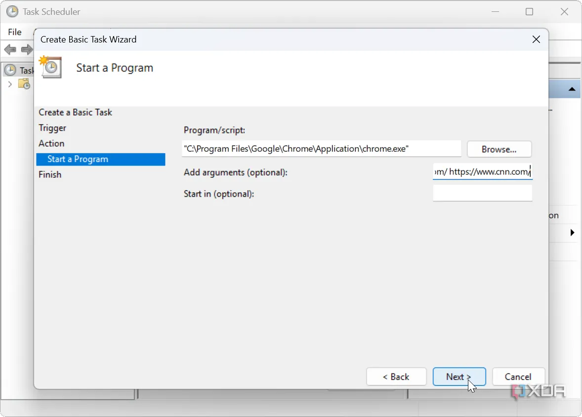 Giao diện Task Scheduler hướng dẫn tự động mở trang web trong Google Chrome