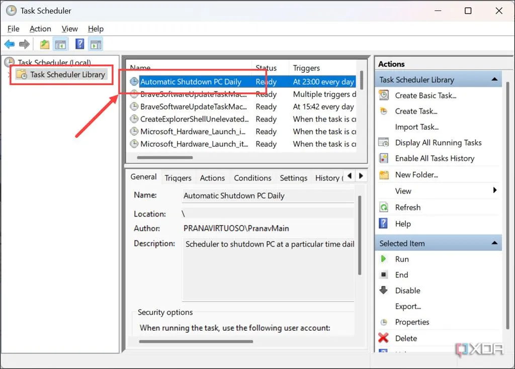 Giao diện Task Scheduler Library hiển thị tác vụ hẹn giờ tắt máy tự động đã tạo