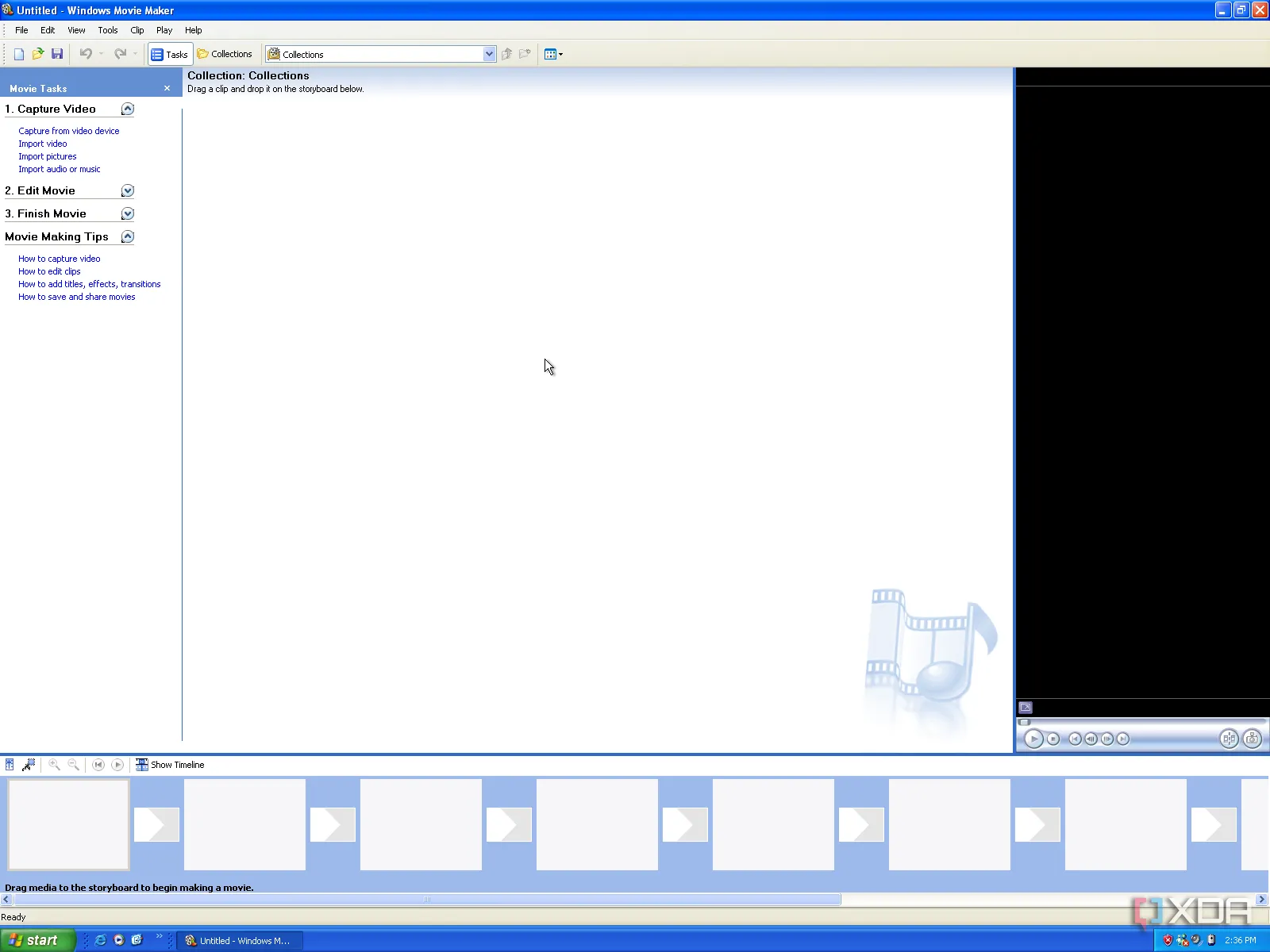 Giao diện thân thiện của Windows Movie Maker trên Windows XP