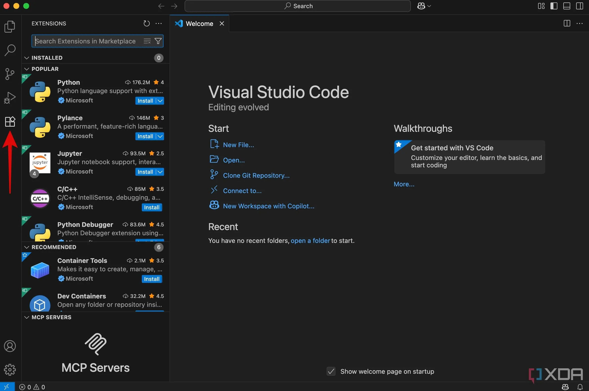 Giao diện thanh Extensions trong Visual Studio Code để tìm kiếm tiện ích mở rộng