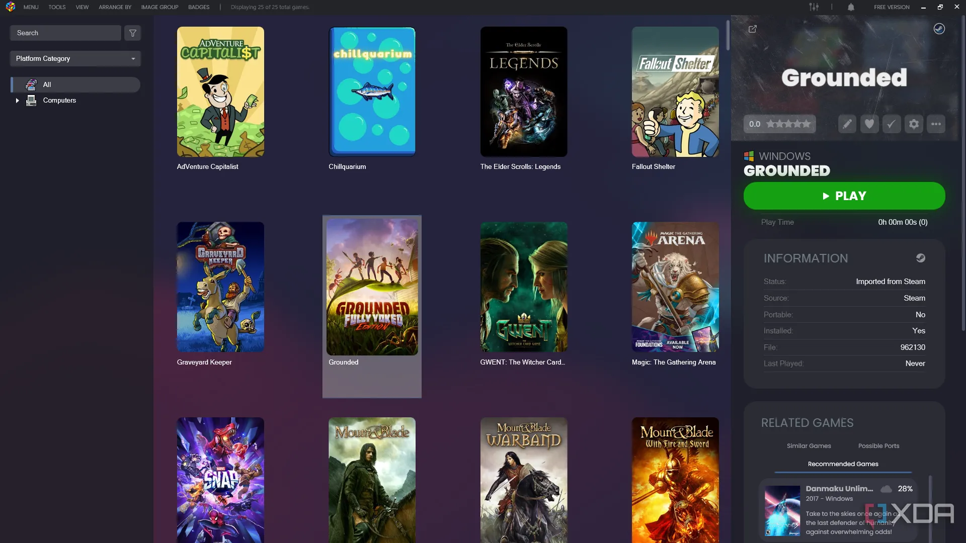 Giao diện thư viện game của LaunchBox hiển thị các game giả lập được sắp xếp gọn gàng.
