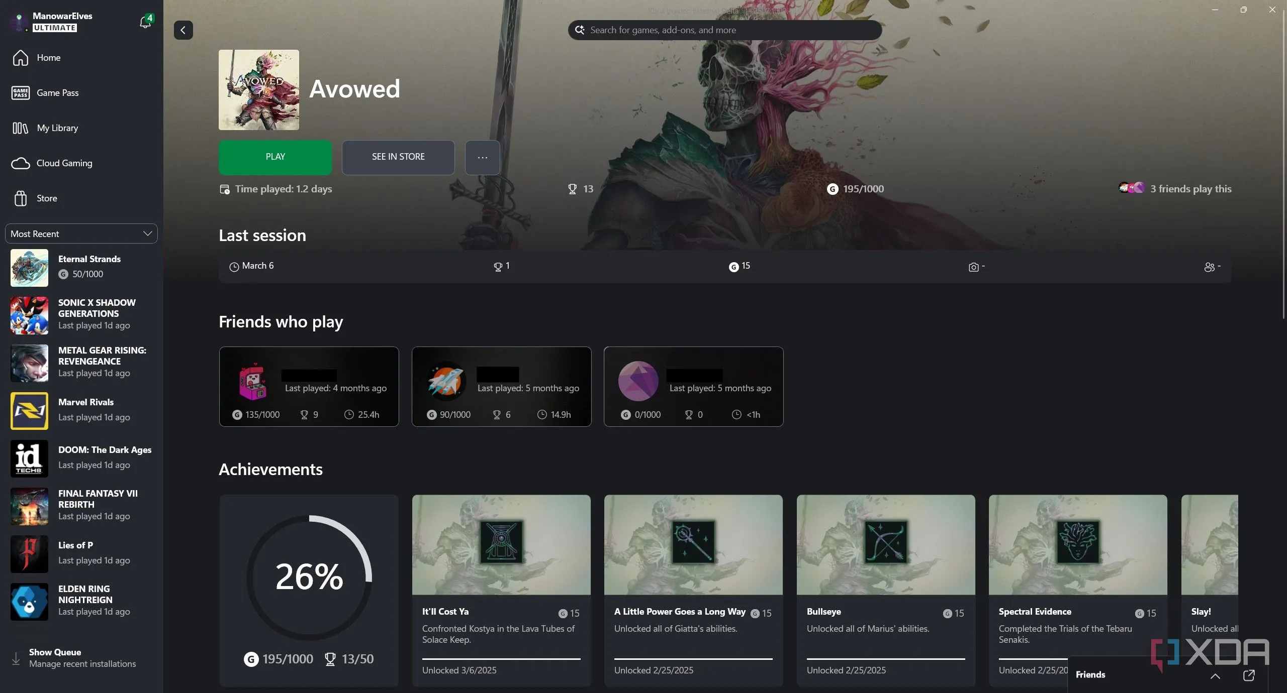 Giao diện thư viện game hợp nhất của Xbox PC App hiển thị Doom: The Dark Ages với logo id Tech 8