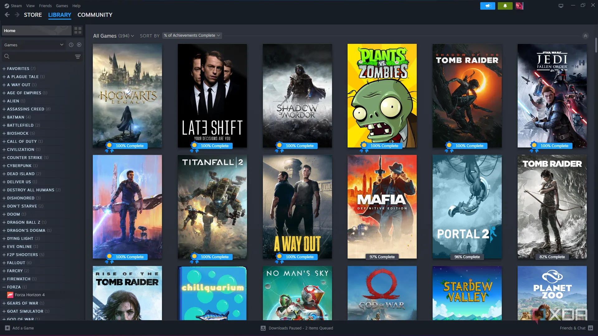 Giao diện thư viện game Steam được tùy chỉnh đẹp mắt, đối lập với Xbox PC App
