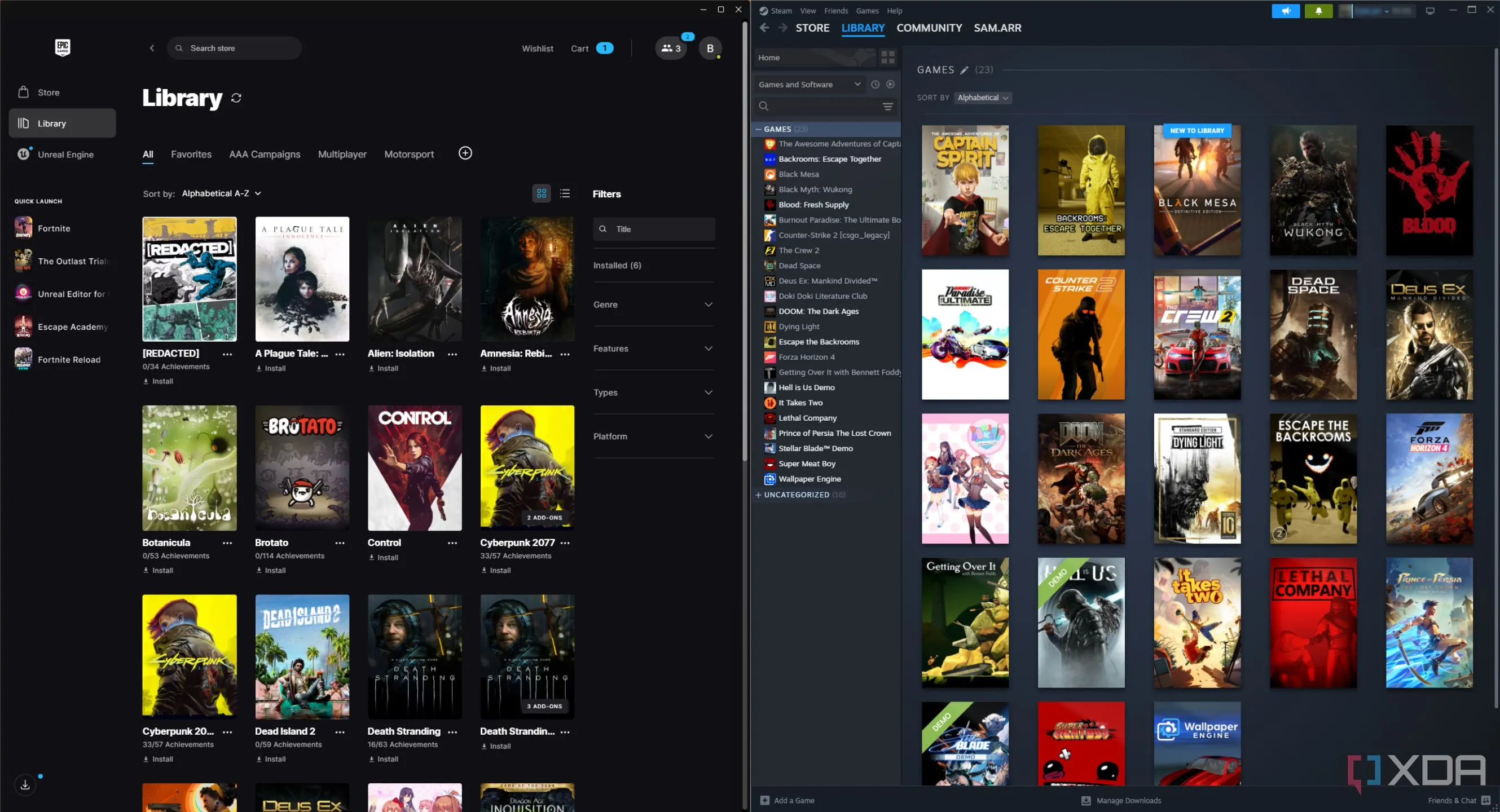 Giao diện thư viện game Steam và Epic Games Store hiển thị cạnh nhau, minh họa khả năng tích hợp đa nền tảng trên Xbox tương lai