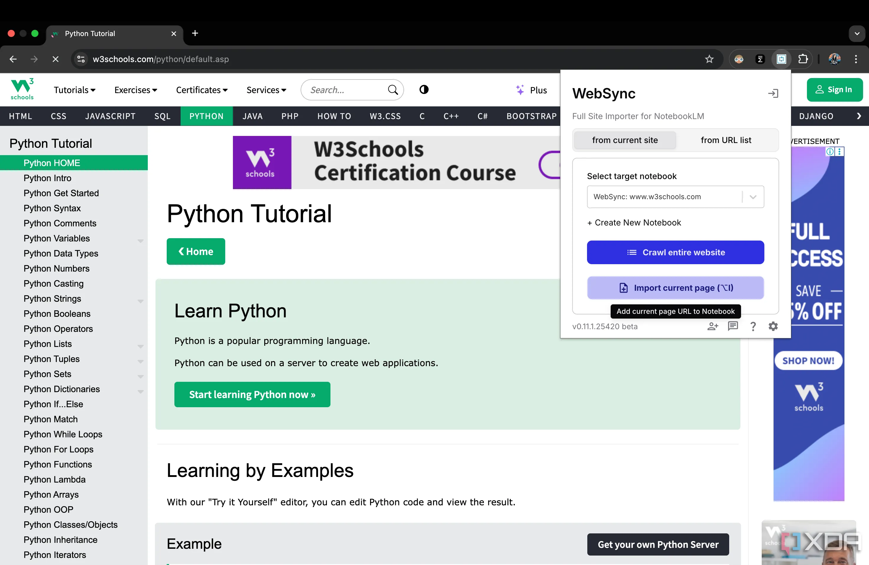 Giao diện tiện ích WebSync trên trình duyệt Chrome giúp nhập trang web vào NotebookLM