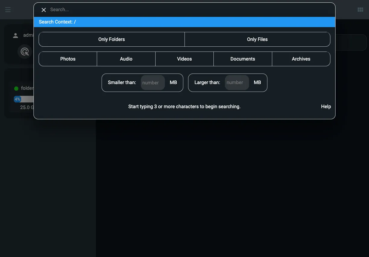 Giao diện tìm kiếm nhanh và lọc file thông minh của FileBrowser Quantum trên NAS.