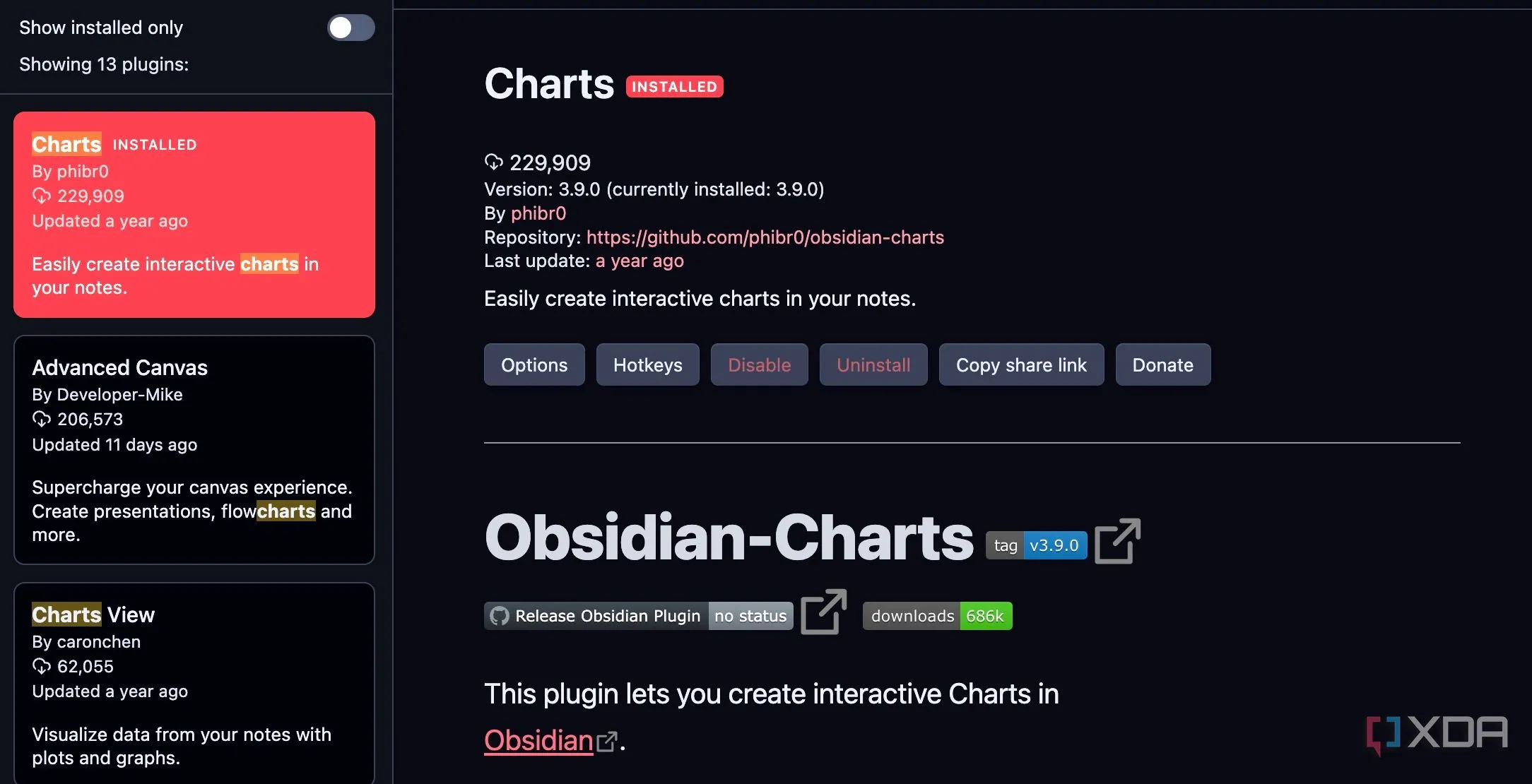 Giao diện tìm kiếm và cài đặt plugin Charts trong Obsidian, minh họa các bước kích hoạt plugin cộng đồng