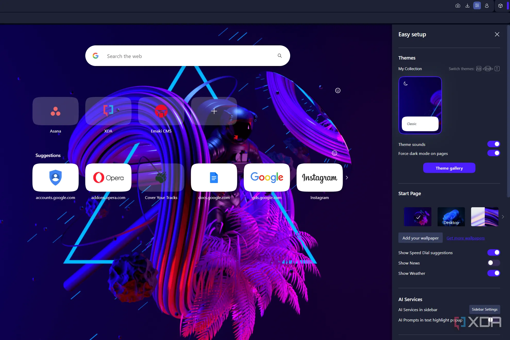 Giao diện tính năng Easy Setup (Cài đặt Dễ dàng) của trình duyệt Opera