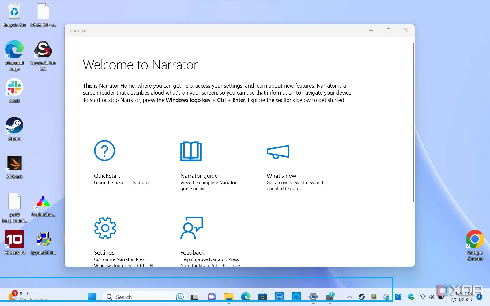 Giao diện tính năng Narrator của Windows 11 trên màn hình desktop