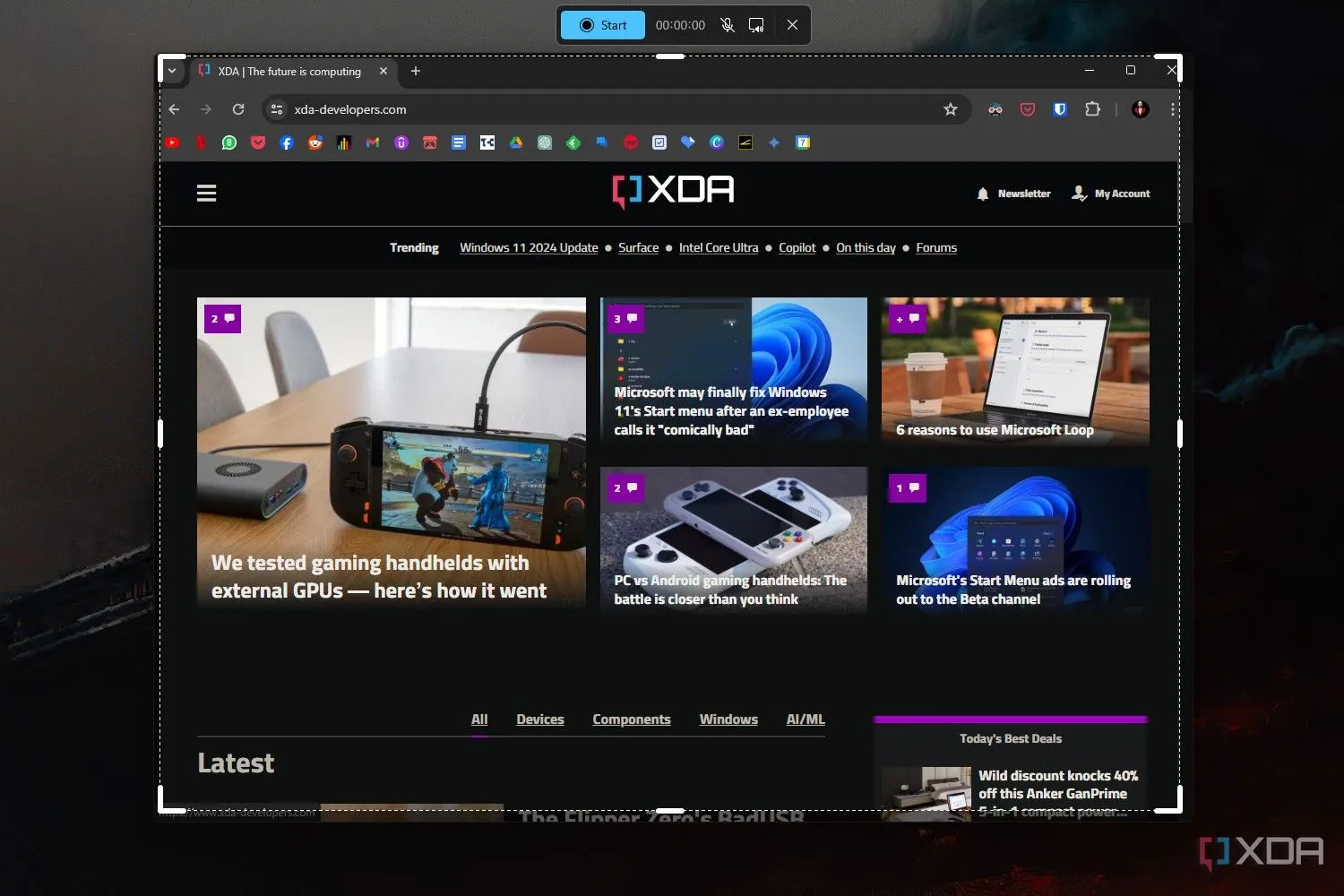 Giao diện tính năng quay màn hình tích hợp trong Snipping Tool Windows 11, hỗ trợ ghi video và âm thanh.